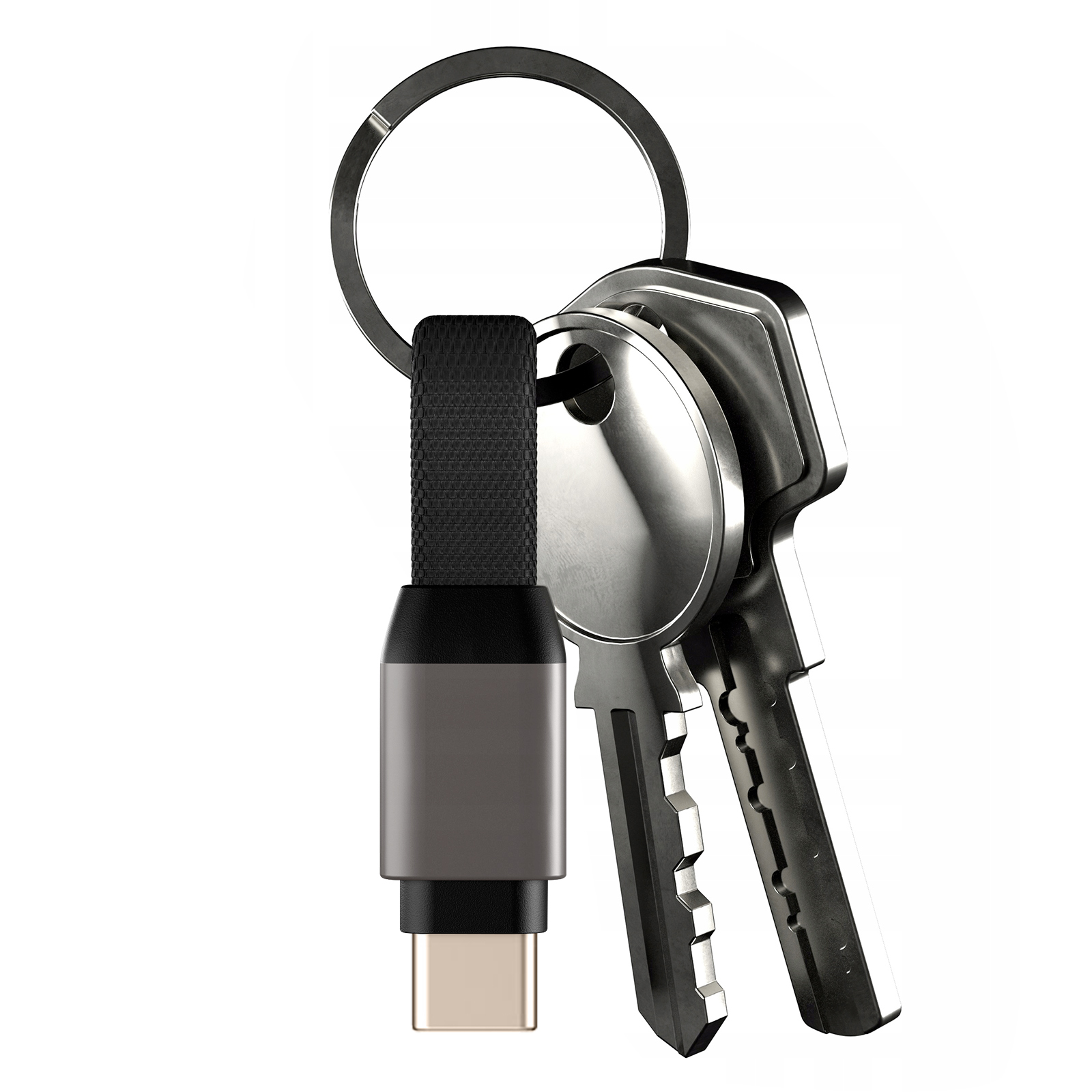 Chiavi e un cavo USB-C con portachiavi. Le chiavi sono argentate e il cavo è grigio scuro.