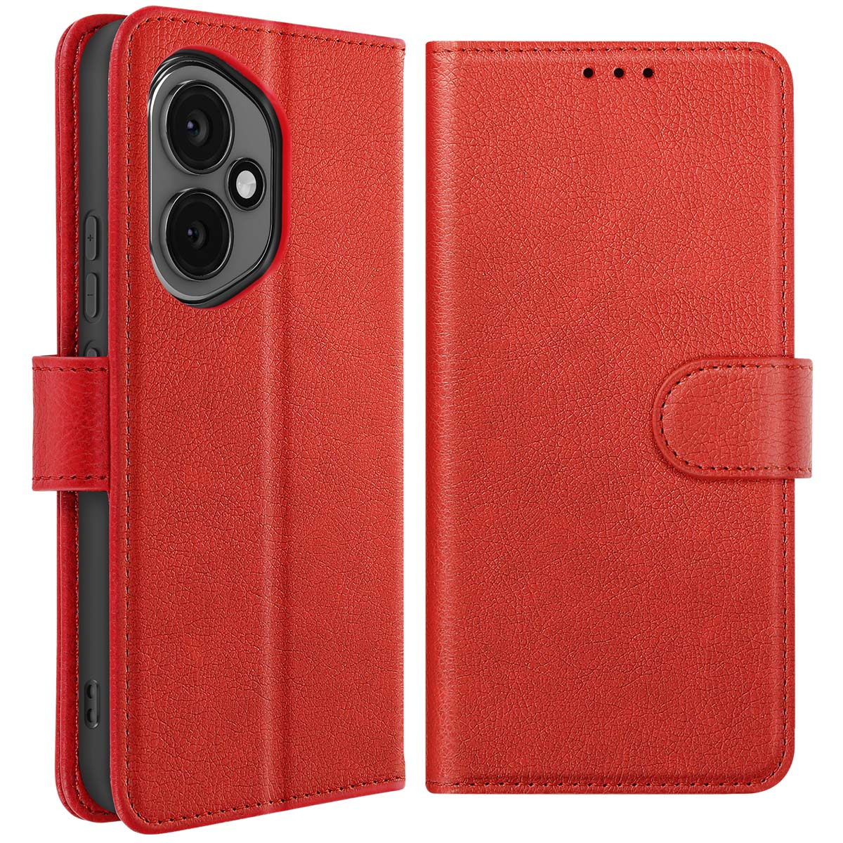 Custodia per telefono in pelle rossa, aperta e chiusa. Con ritaglio per fotocamera e chiusura a bottone.