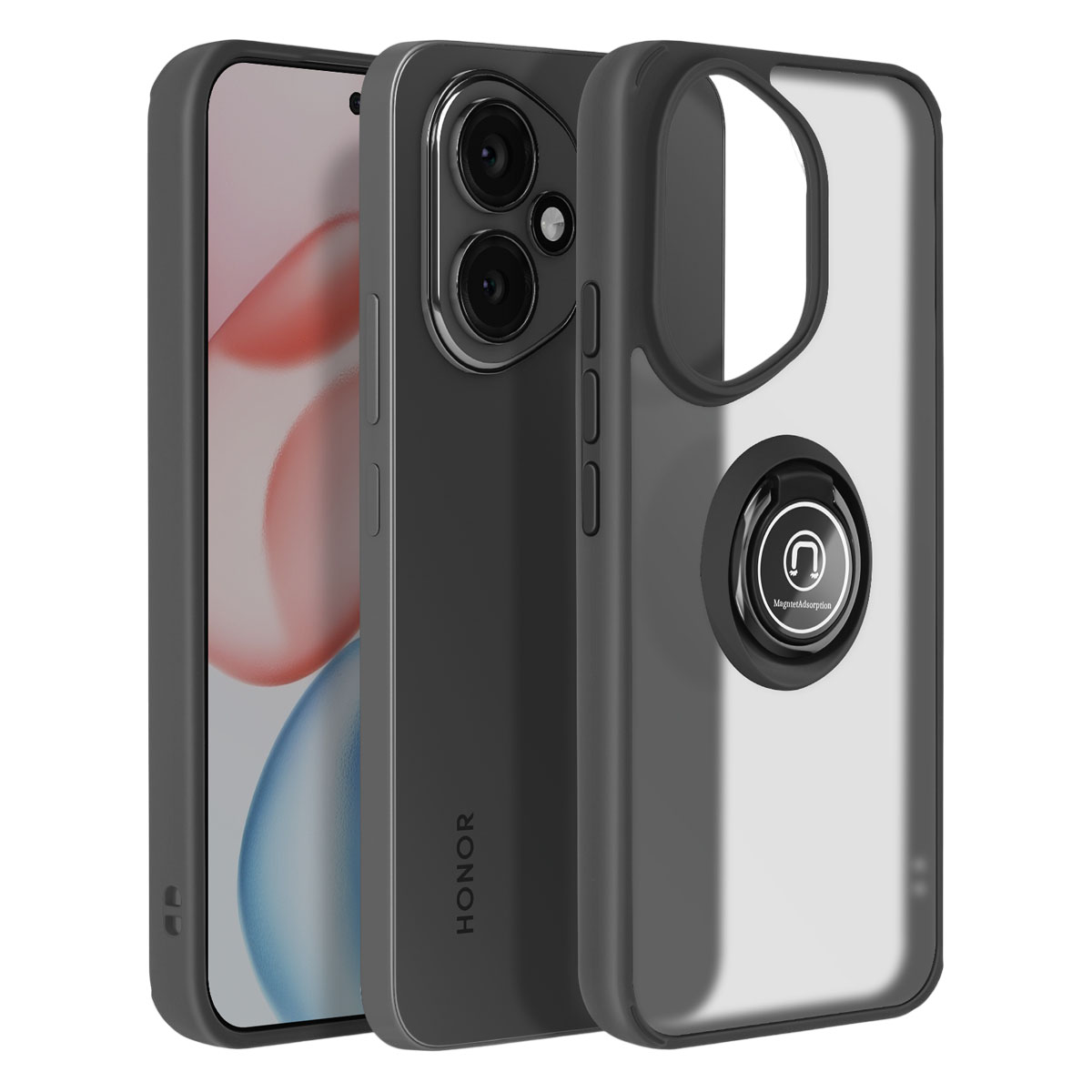 Téléphone avec étui de protection. L'étui est gris foncé et possède un support d'anneau à l'arrière.