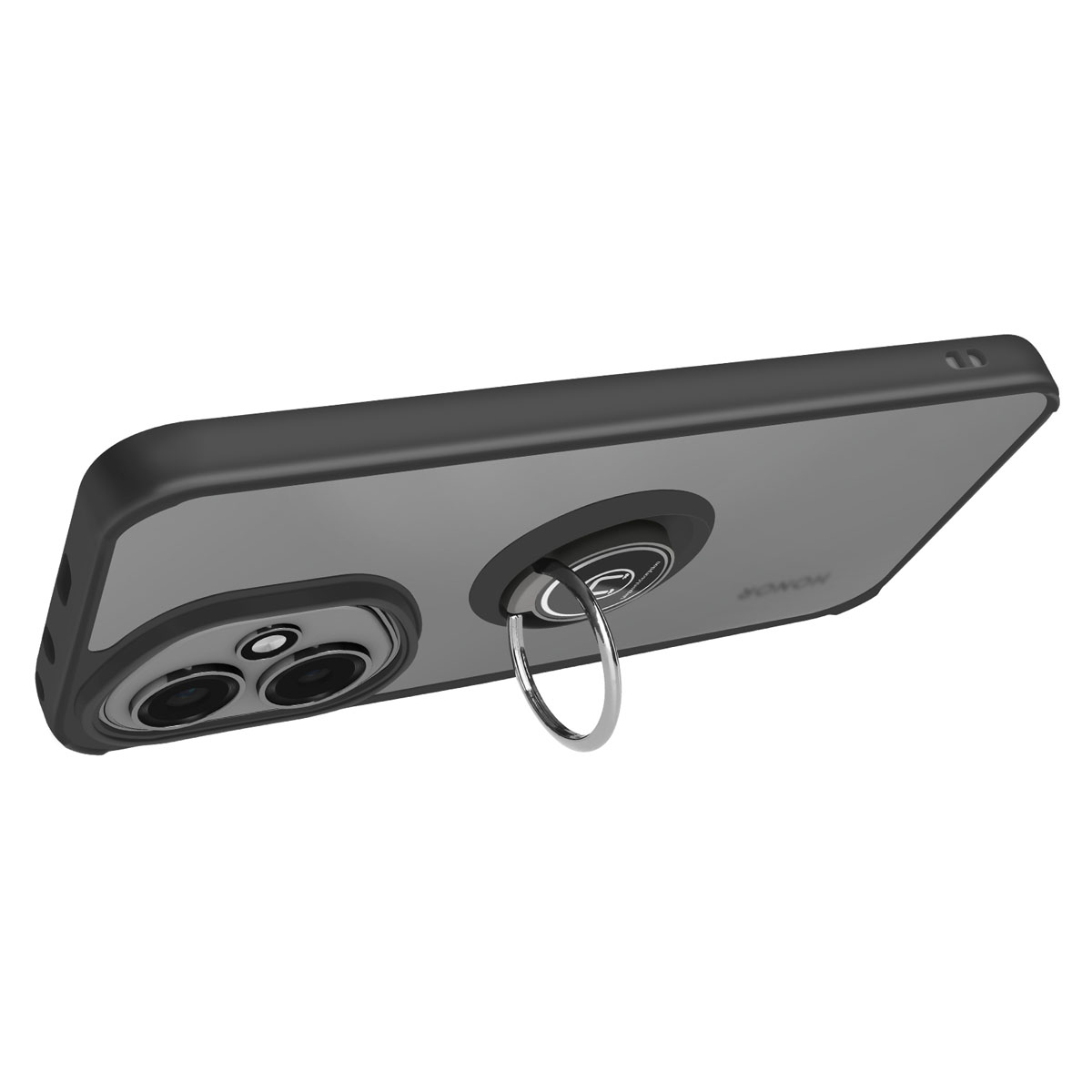 Coque de téléphone noire avec un support d'anneau argenté à l'arrière, vue en angle.