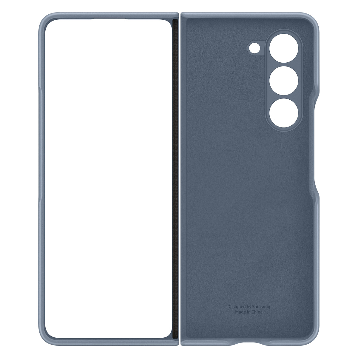 Custodia blu per telefono aperta, che mostra il design interno ed esterno, con logo Samsung.