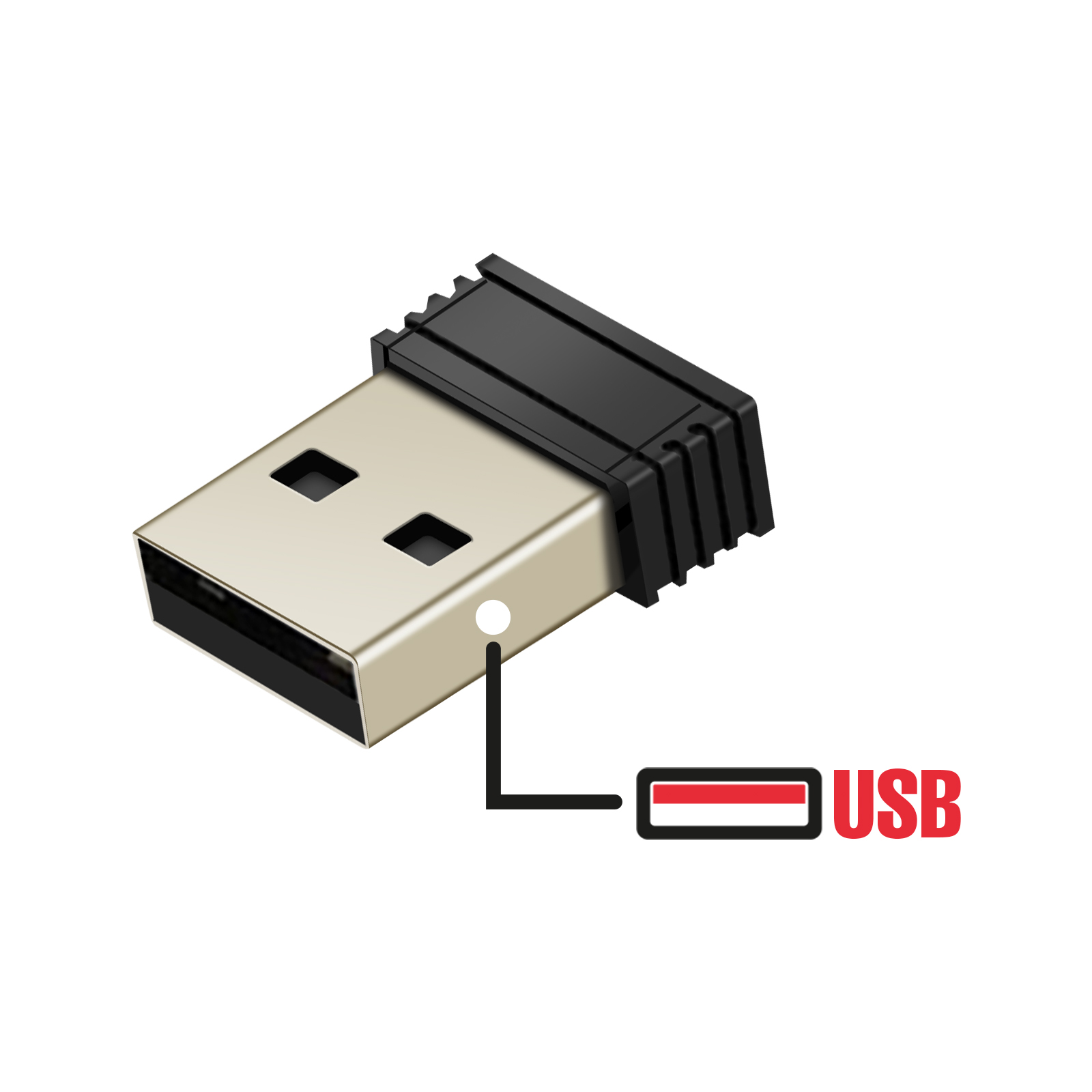 USB-Stick, mit roter 'USB'-Beschriftung, schwarz-silbernes Farbschema.