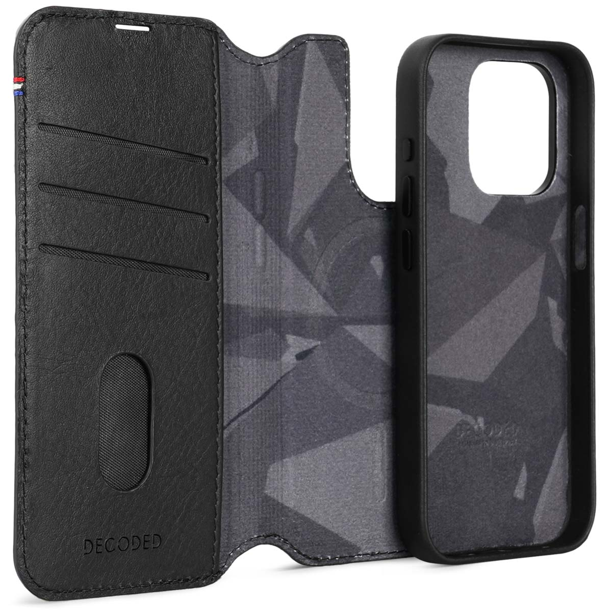 Geöffnete schwarze Handyhülle, mit Wallet-Design und Kameraloch rechts.