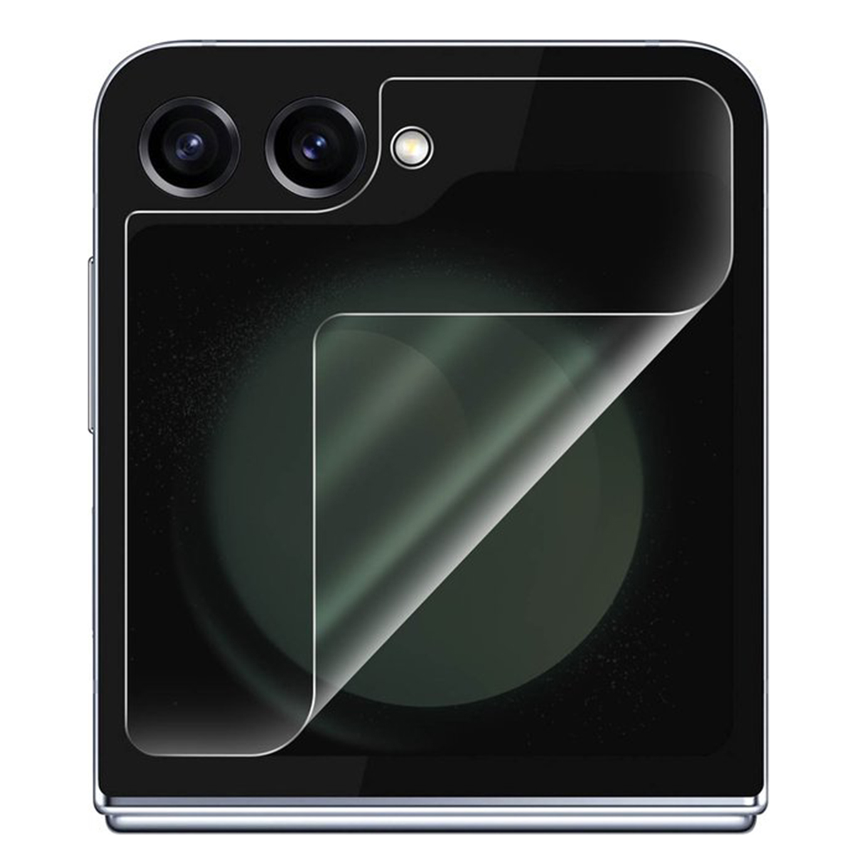 Black phone with a clear screen protector over the camera area, partially peeled.