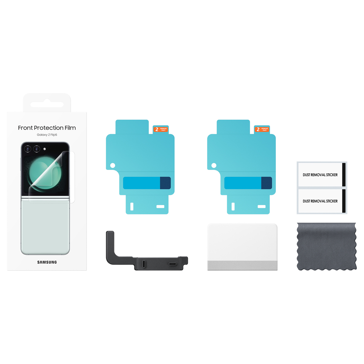 Packaging with phone and accessories: screen protectors, cleaning tools.