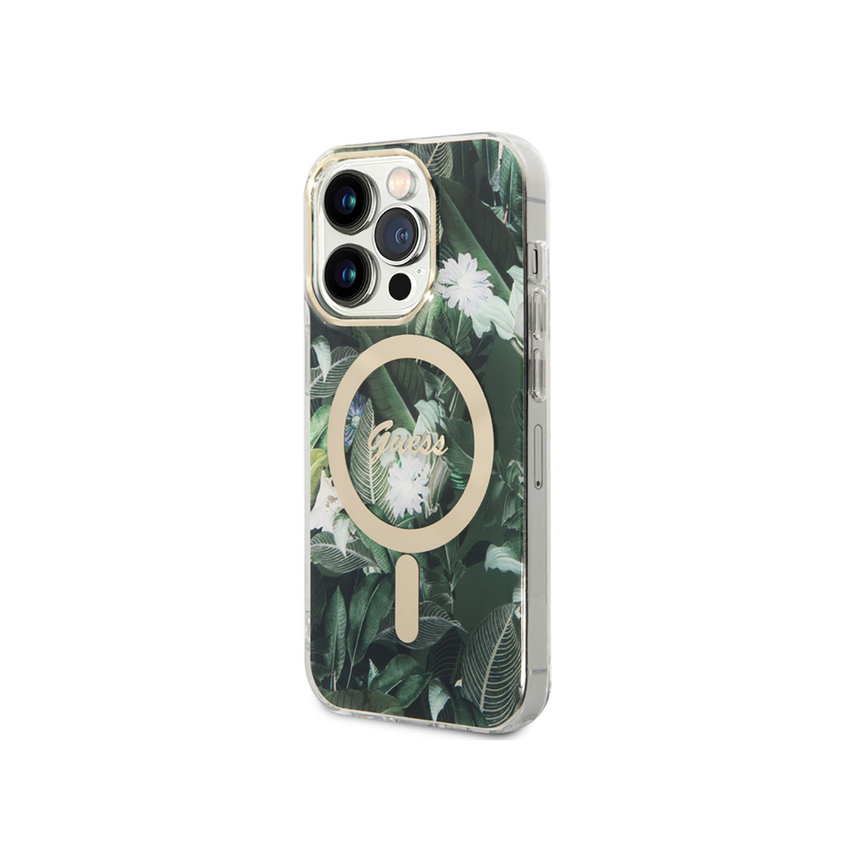 Custodia trasparente per telefono con design floreale. Anello dorato con logo 'Guess'. Telefono con fotocamere visibili. Sfondo bianco.