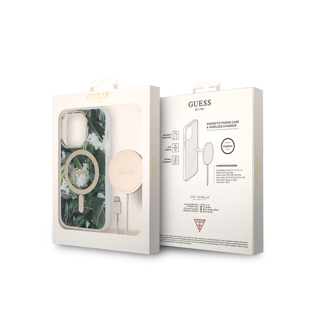 Scatola bianca con custodia per telefono e caricatore wireless. Custodia con design floreale, caricatore con logo Guess. Sfondo bianco.