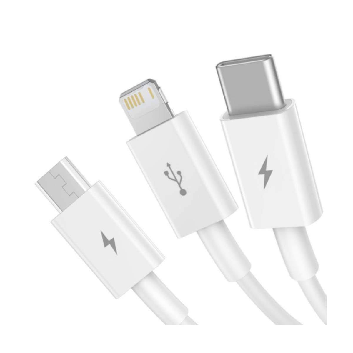 Drie witte oplaadkabels met verschillende connectoren: USB-C, Lightning en Micro-USB. Witte achtergrond.
