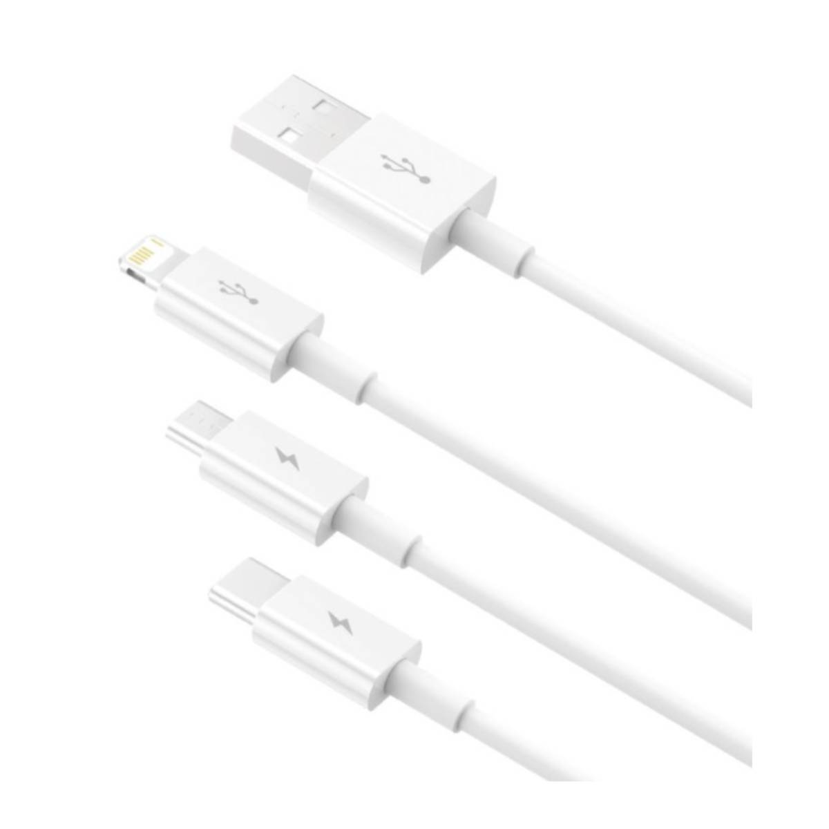 Witte oplaadkabels met verschillende connectoren: USB, Lightning, USB-C.