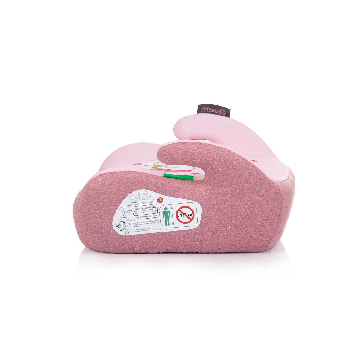 Seitenansicht eines rosa Sitzerhöhers. Der Sitz hat eine rosa Basis.