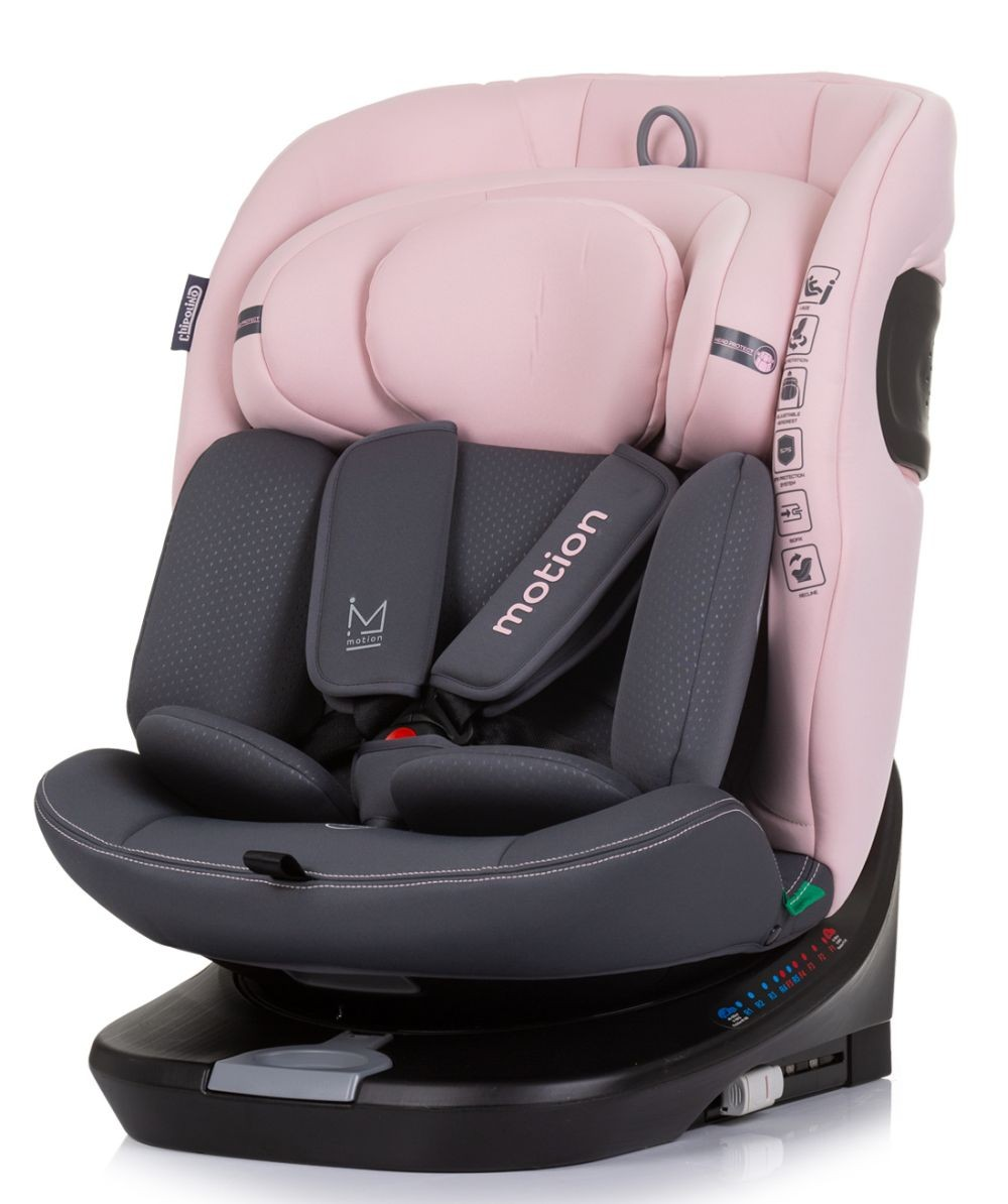 Ein rosa-grauer Autositz auf schwarzer Basis. Der Sitz hat graue Akzente und ist mit 'motion' beschriftet.