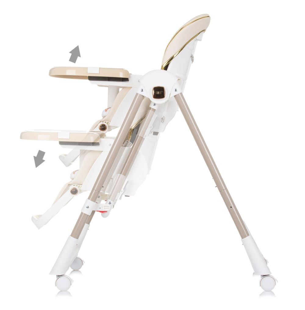 Hochstuhl in mehreren Positionen verstellbar. Beige und weiß mit Tablett und Rädern.