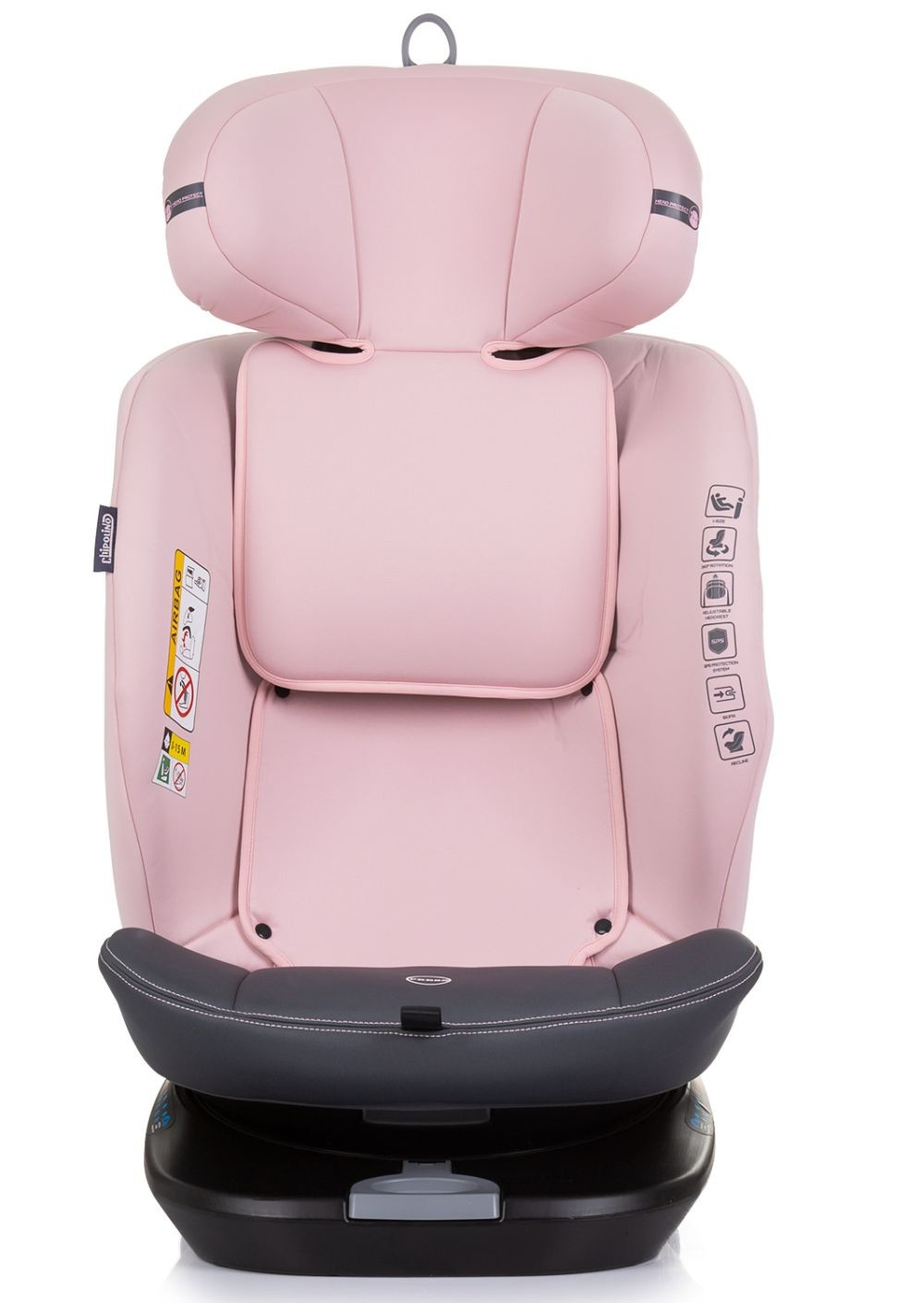 Ein rosa Autositz mit Kopfstütze. Er hat eine schwarze Basis und ist für Kindersicherheit konzipiert.
