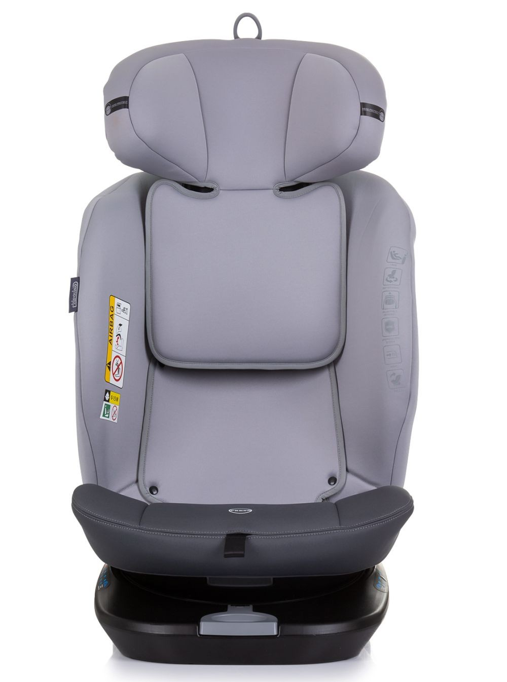 Ein grauer Autositz mit Kopfstütze. Der Sitz ist ein nach vorne gerichteter Sitz. Es hat ein Airbag-Warnschild.
