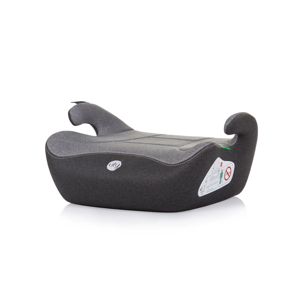 Dunkelgrauer Kindersitzerhöher. Konturiertes Design, kleines Etikett mit Sicherheitsinfo.