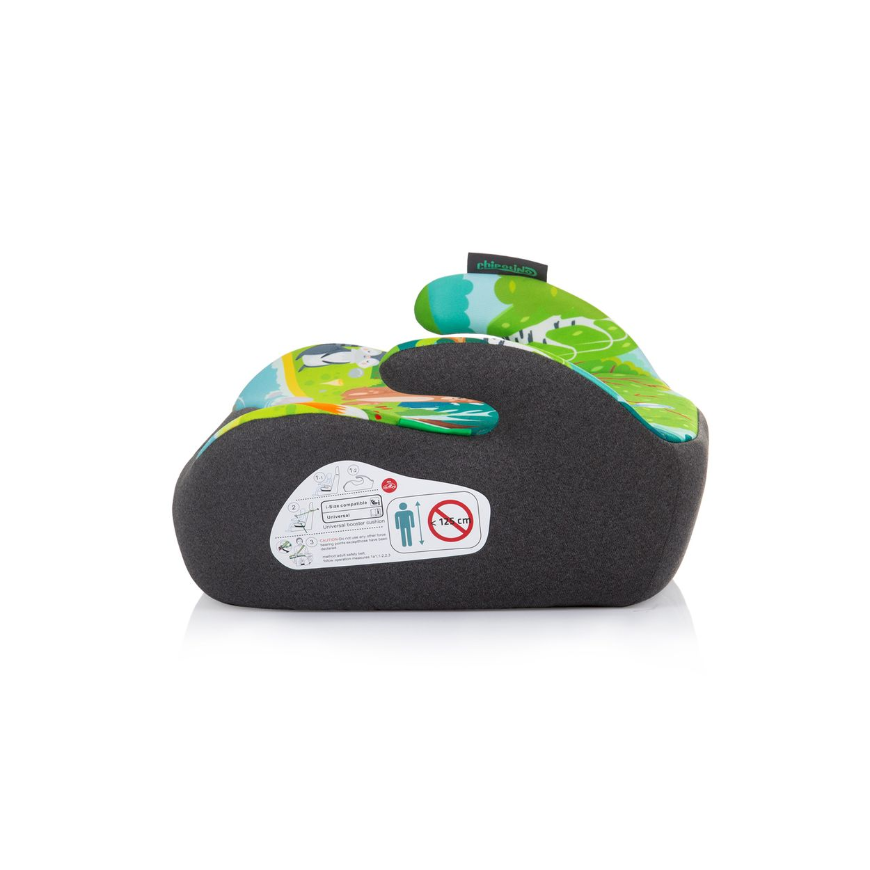 Dunkelgrauer Sitzerhöher mit buntem Design. Konturierte Form, Etikett.