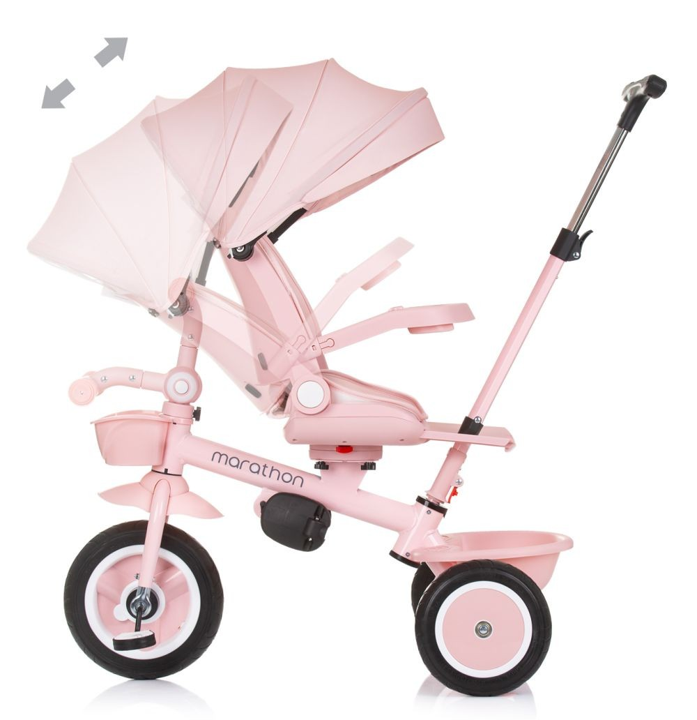 Rosa Dreirad mit Verdeck. Pfeile zeigen Verdeck-Einstellung. Weißer Hintergrund.