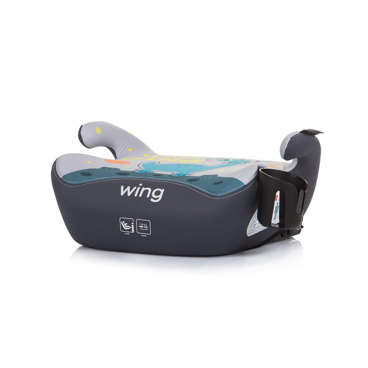 Grauer Kindersitz mit dem Wort 'Wing'. Er hat einen Getränkehalter.