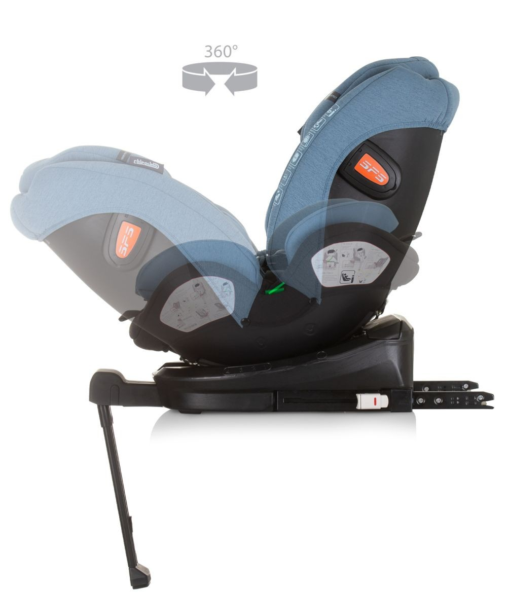 Seitenansicht eines blauen Autositzes, der sich dreht. Zeigt Pfeile, die 360-Grad-Drehung und SPS-Logo anzeigen.