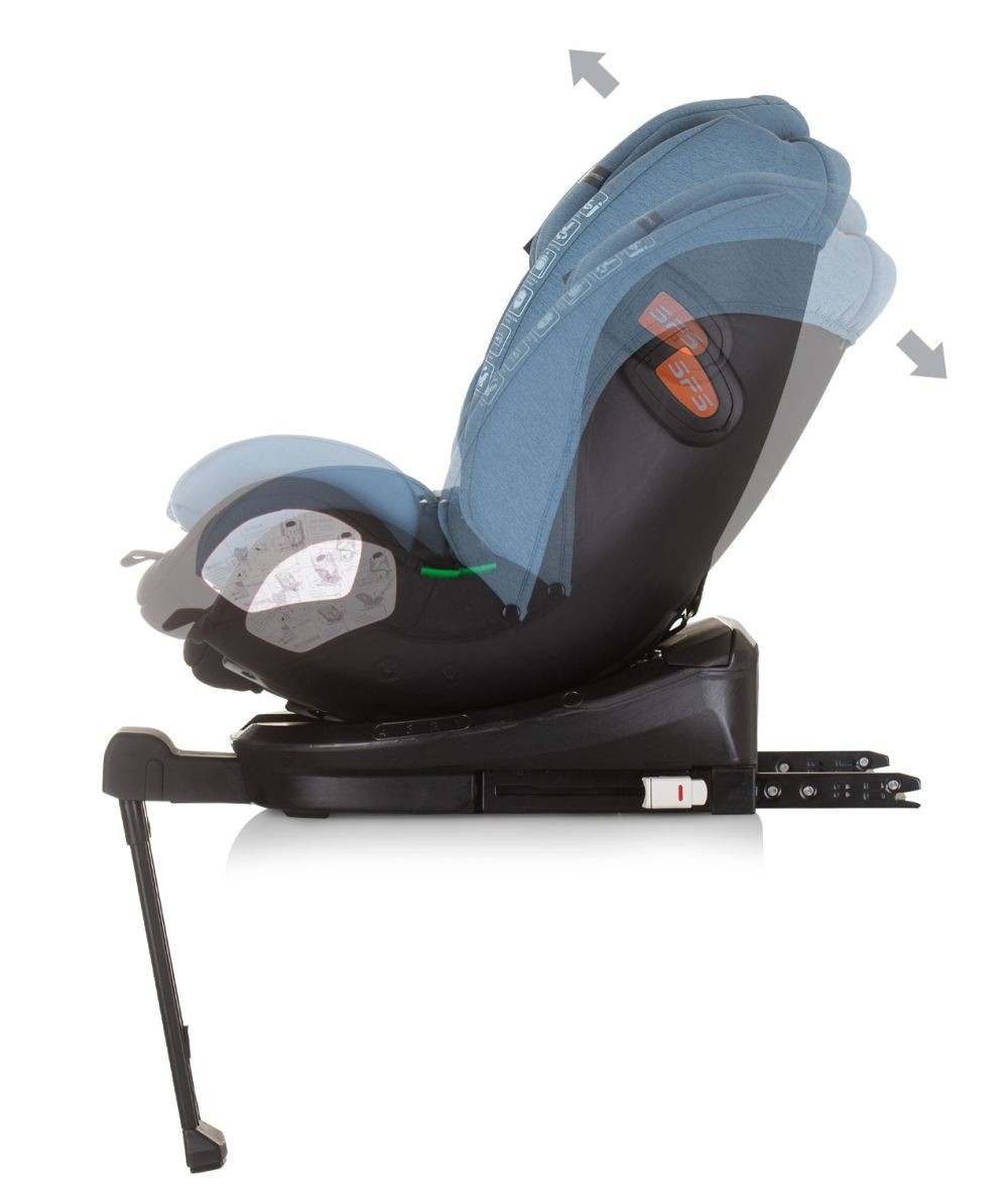 Blauer Autositz mit Liegebewegung. Schwarze Basis, weißer Hintergrund.