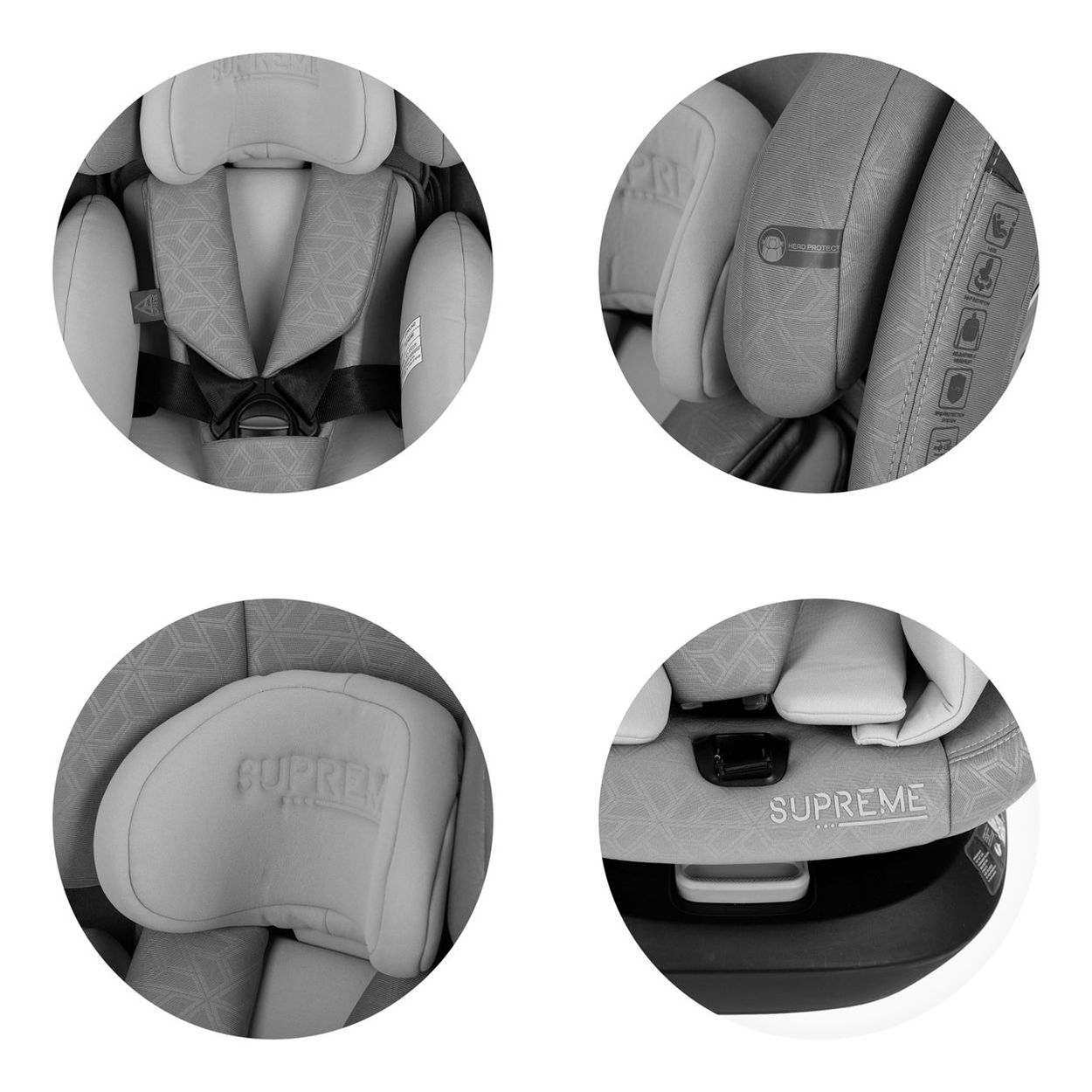 Nahaufnahme von Autositzdetails. Enthält Kopfstütze, Seitenstützen und 'SUPREME'-Etikett. Grau.
