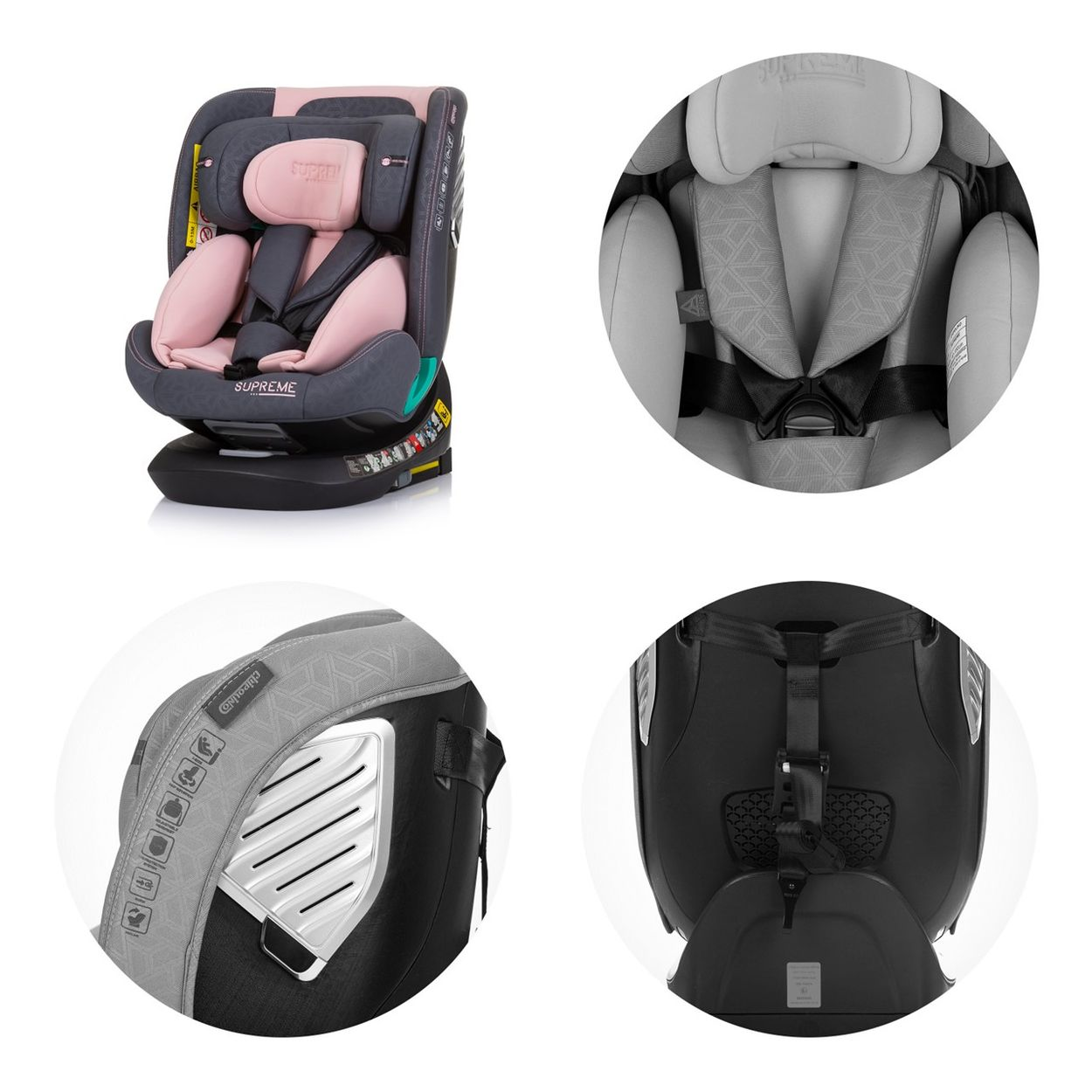 Autositzdetails. Enthält Nahaufnahmen von Kopfstütze, Gurten und Seitenaufpralldetails. Grau und Rosa.