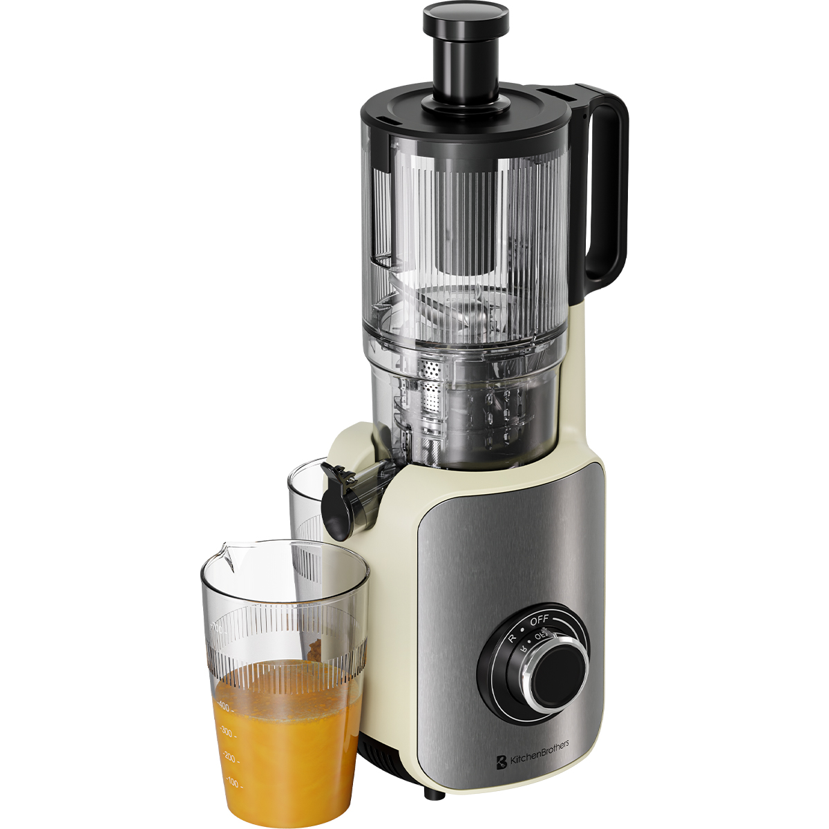 A juicer with orange juice in a glass. The juicer is cream and silver colored. White background.