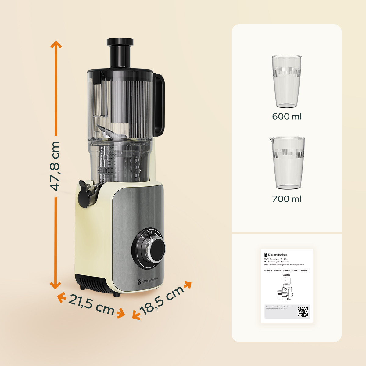 A juicer with dimensions. Two beakers are shown. Text reads: Pulp beaker 600ml and Sap beaker 700ml.