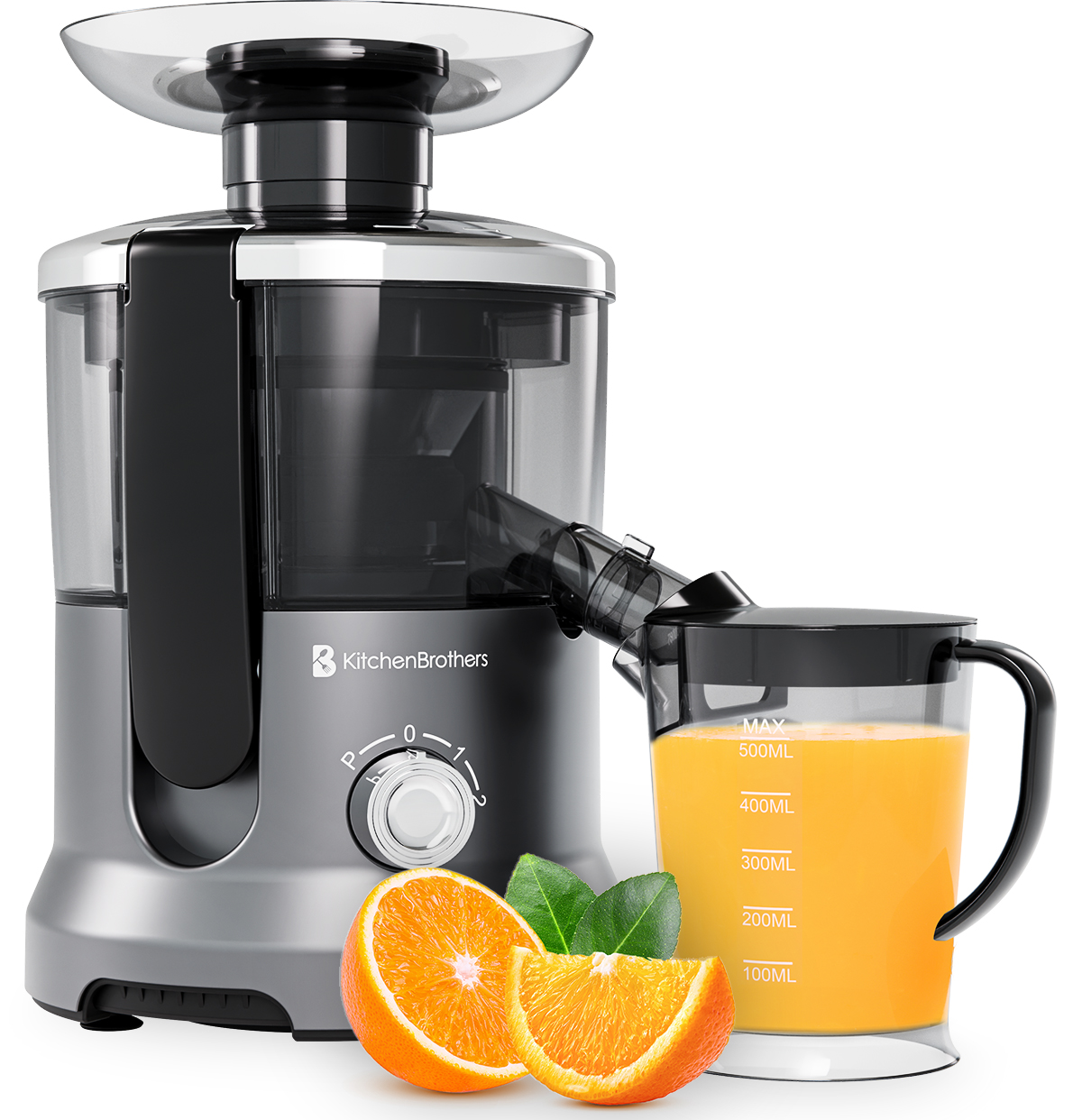 Entsafter mit silberner Basis und durchsichtigem Aufsatz. Eine halbierte Orange und ein Glas mit Saft davor.