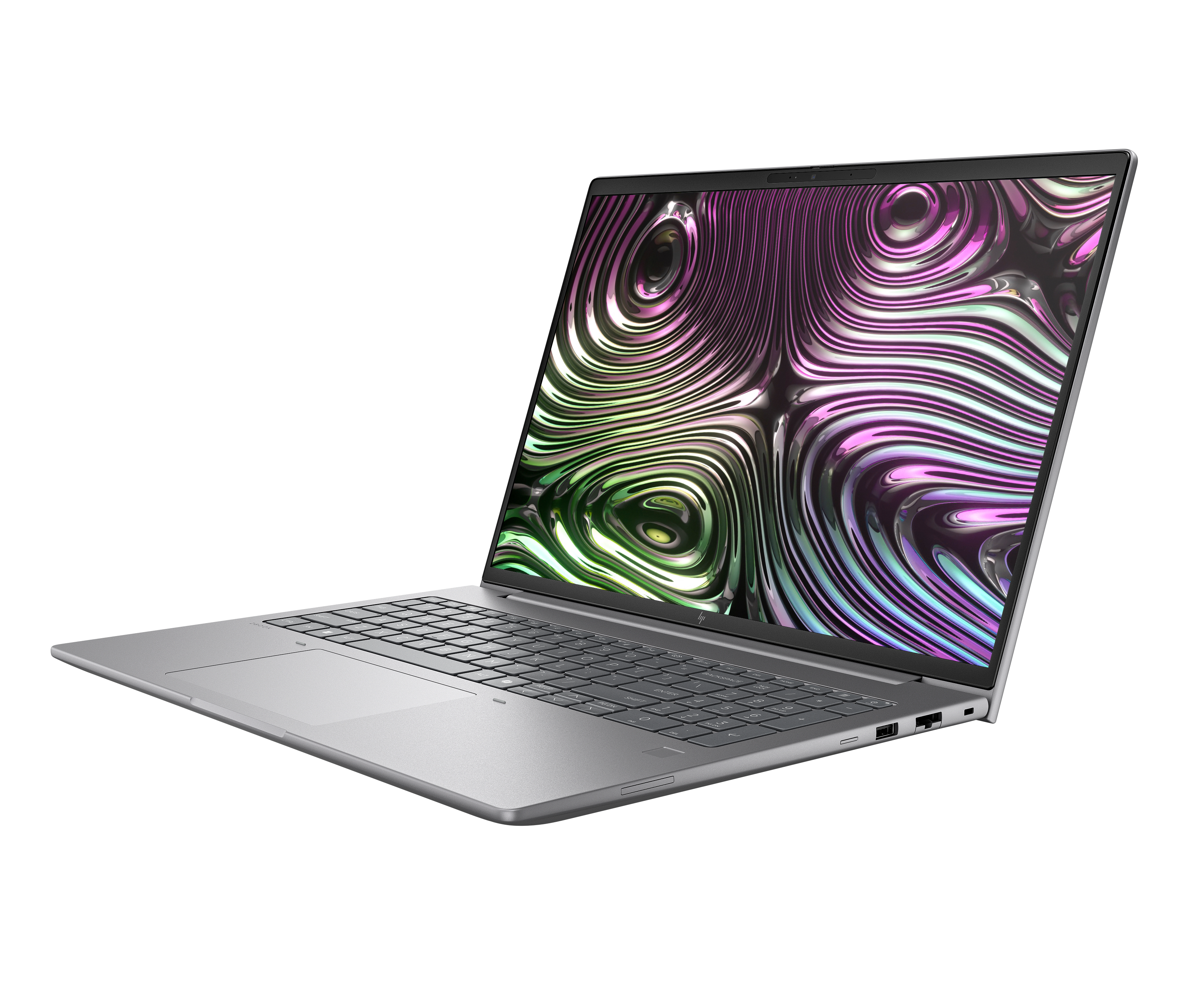 Laptop argentato con schermo aperto. Lo schermo mostra un design vorticoso e colorato.