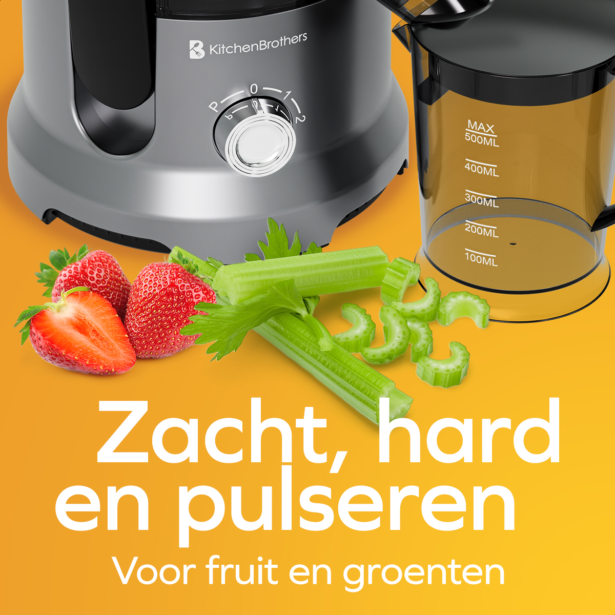 Entsafter mit Erdbeeren und Sellerie. Text: Zacht, hard en pulseren, Voor fruit en groenten.