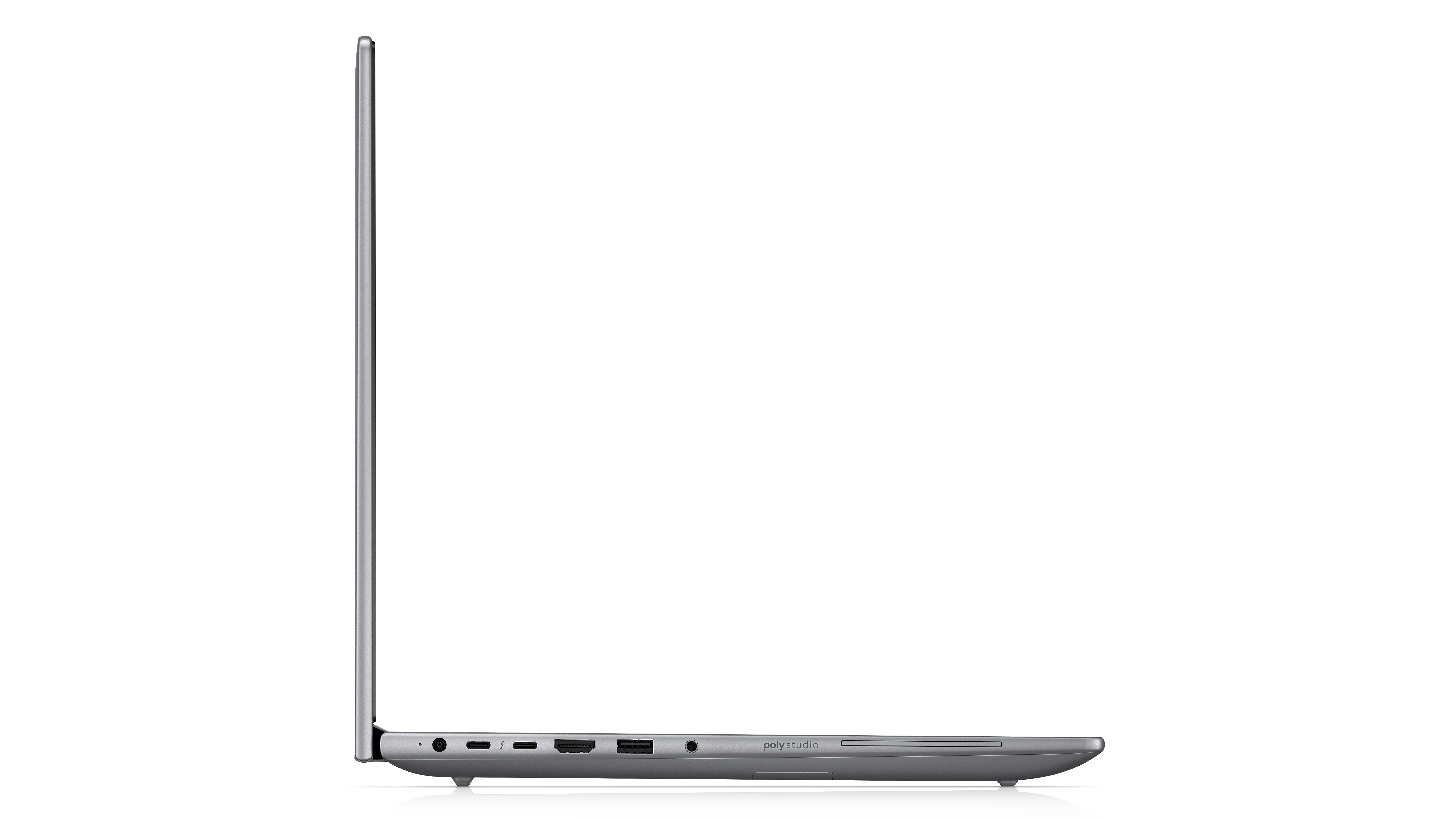 Vista laterale di un laptop, di colore argento, con porte laterali.