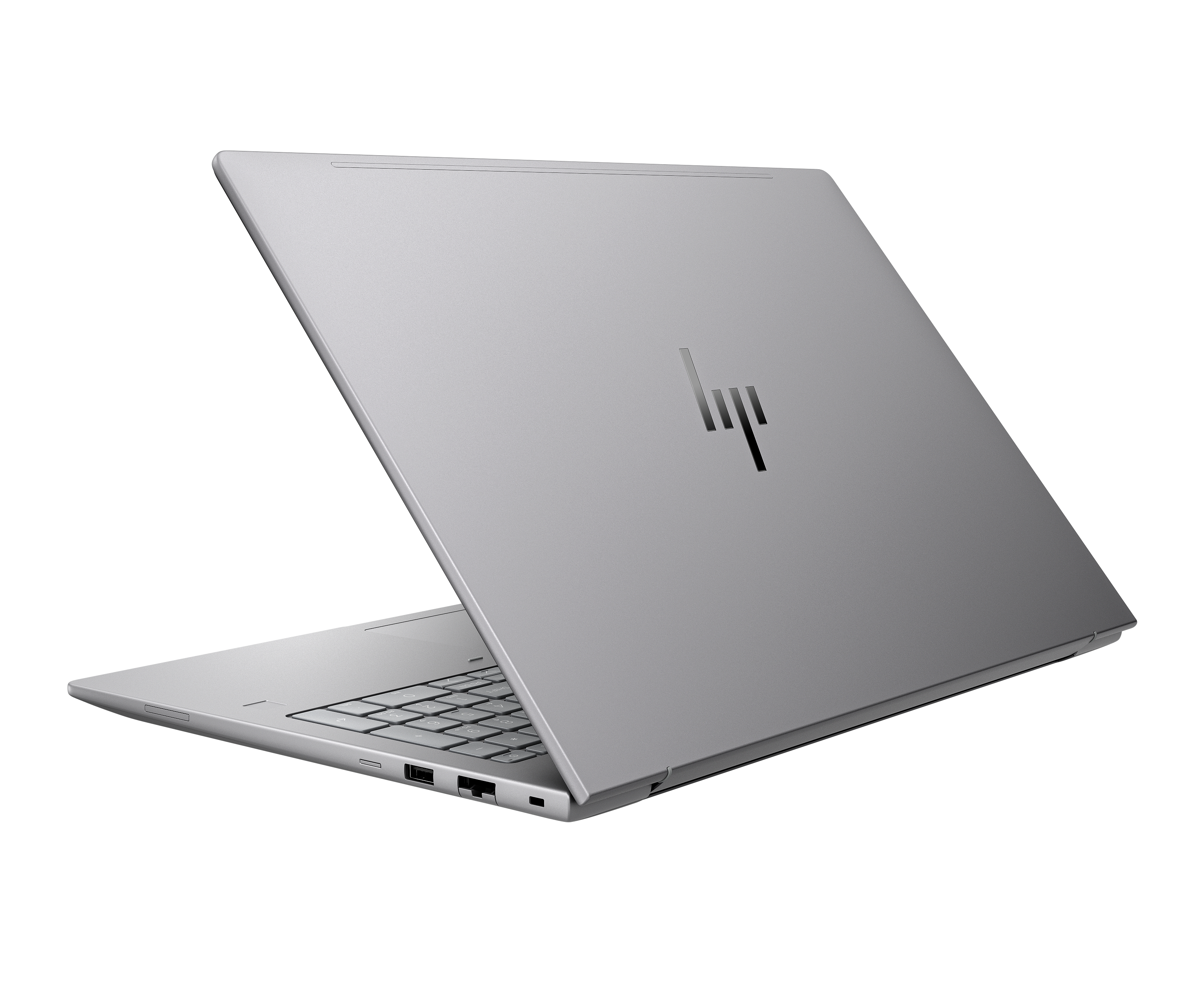 Laptop argentato con coperchio chiuso. Il logo HP è visibile. La tastiera è parzialmente visibile.