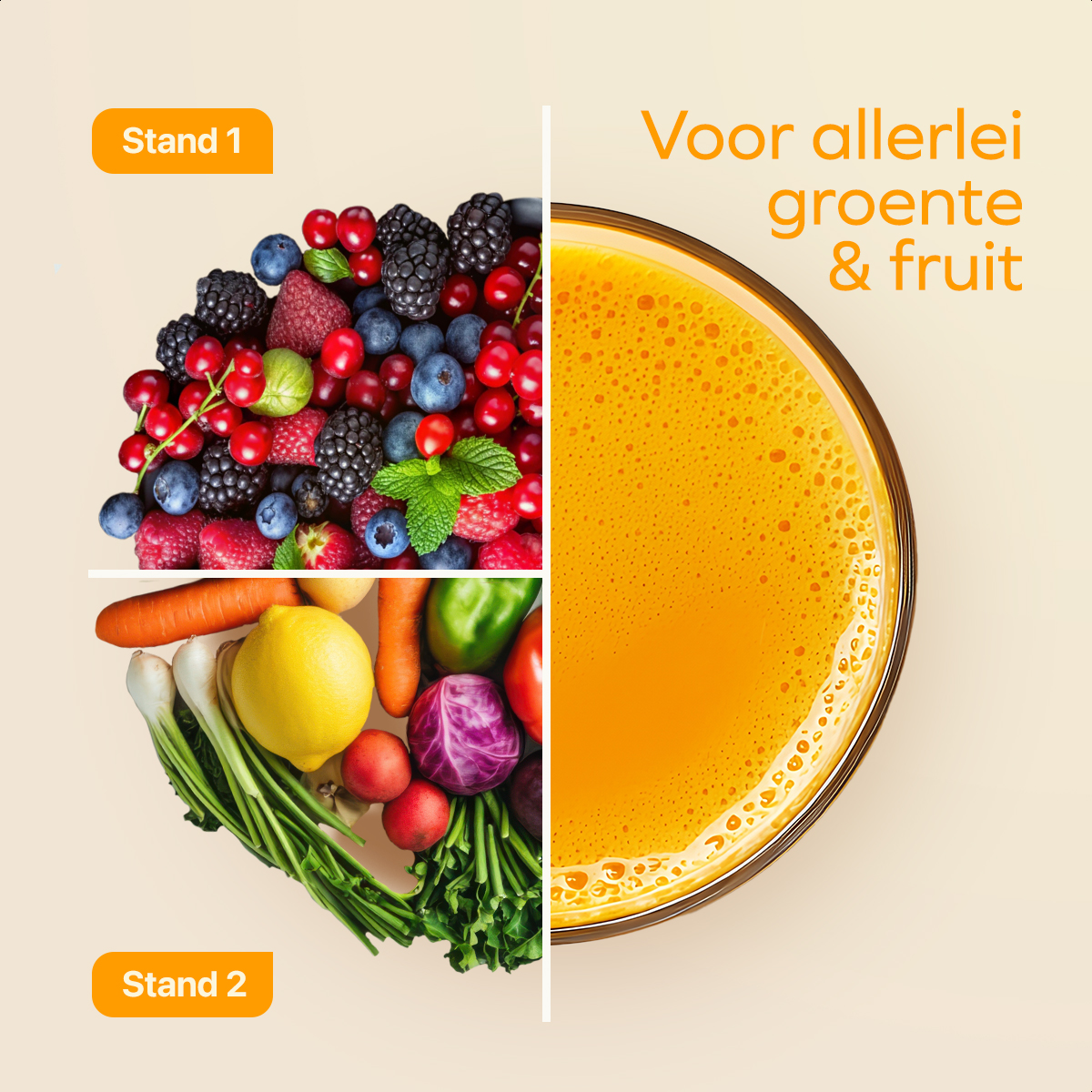 Entsafter mit Obst und Gemüse. Text: Voor allerlei groente & fruit, Stand 1, Stand 2.