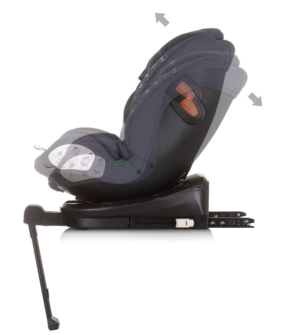 Autositz mit grauem Sitz und Basis. Graue Pfeile zeigen die Bewegung und Neigung des Sitzes an.