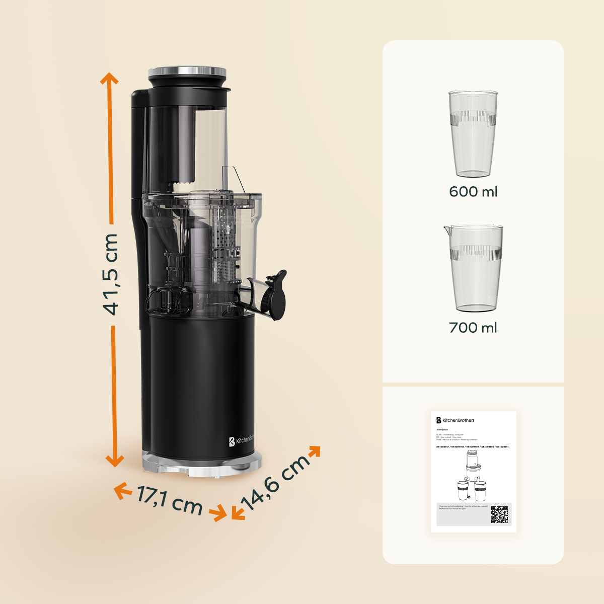 Zwarte sapcentrifuge met afmetingen en twee glazen. Ook een papier met productschema.