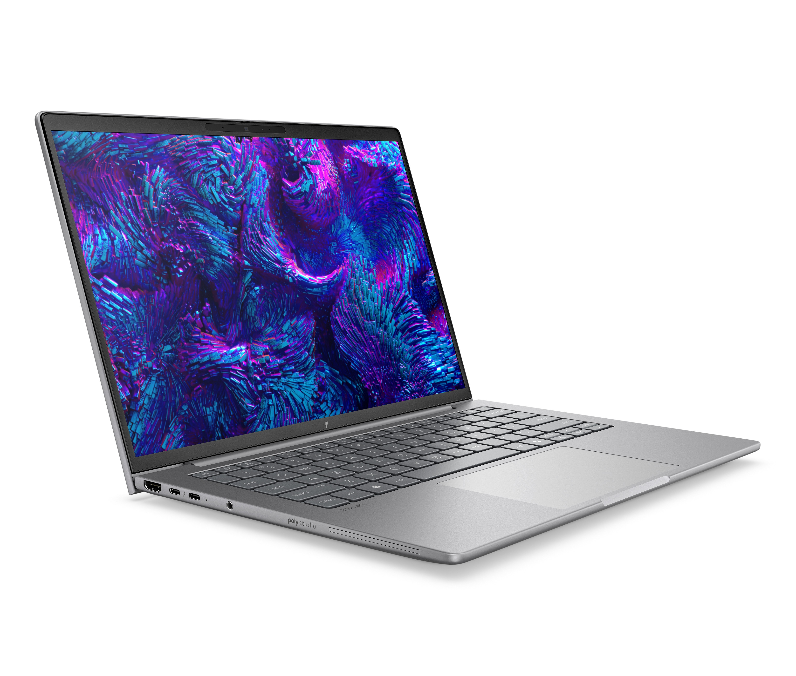 Laptop con corpo argentato, aperto su superficie bianca. Lo schermo mostra un design astratto.