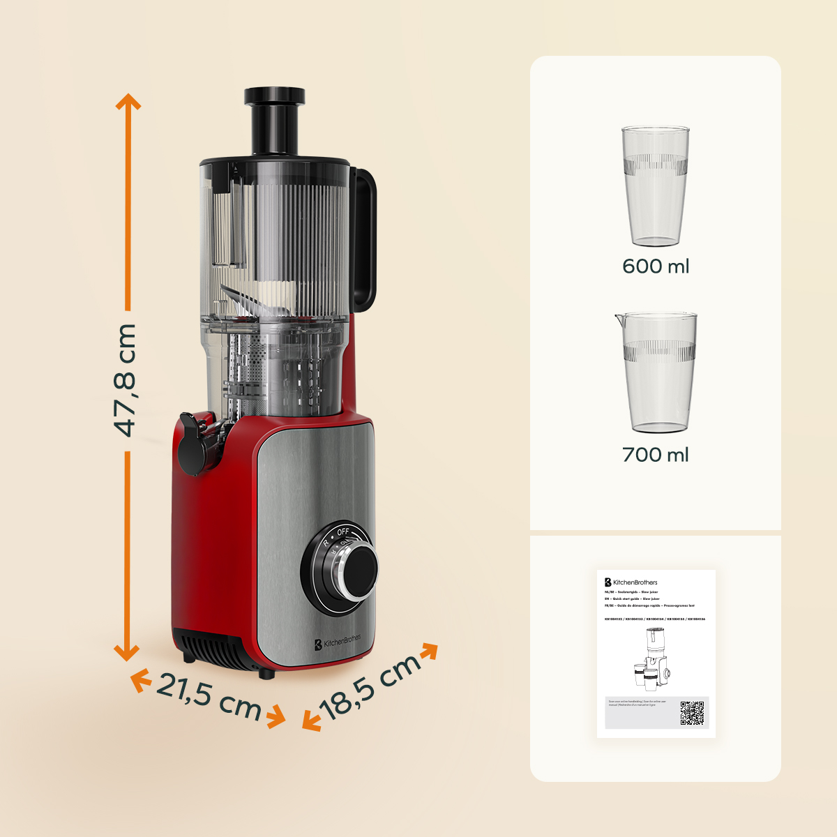Rode en zilveren juicer met afmetingen, twee glazen en een handleiding op lichtbruine achtergrond.