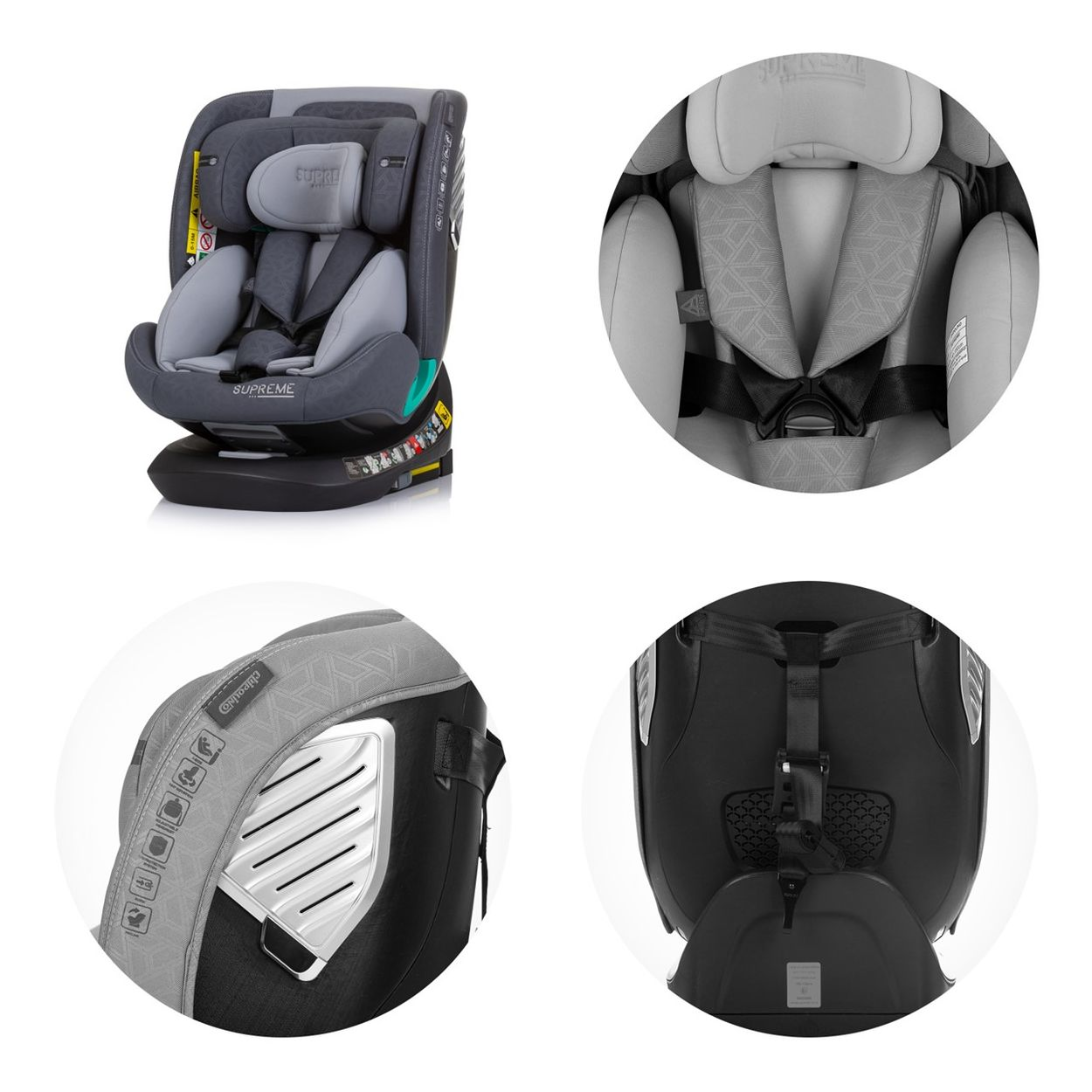 Autositz-Details: oben links, kompletter Sitz; oben rechts, Nahaufnahme; unten links, Seitendetails; unten rechts, Heckdetails.