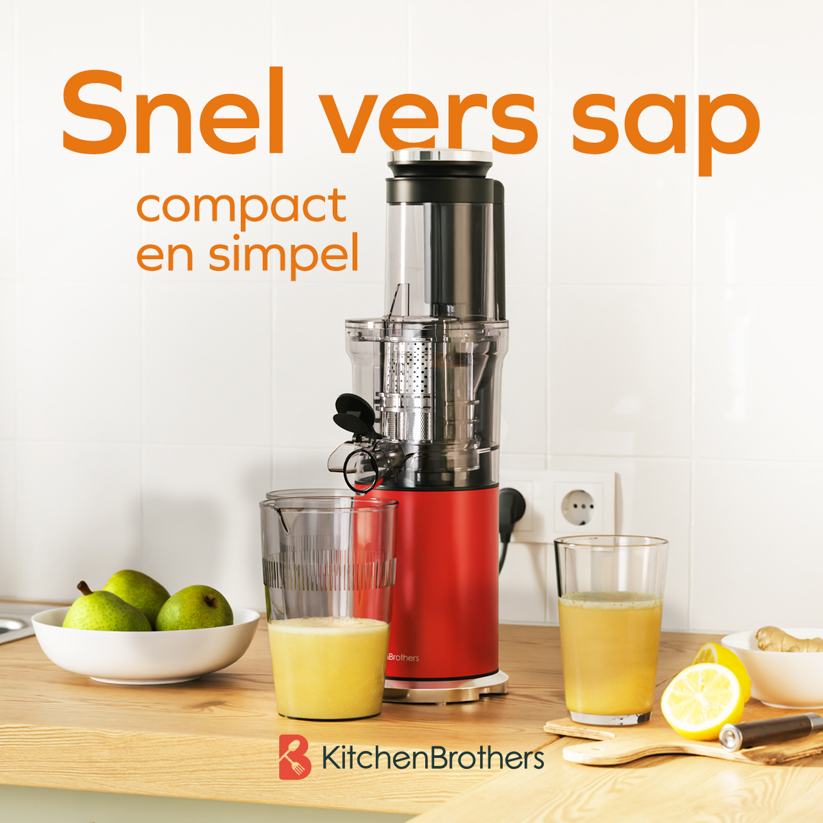 A red juicer next to glasses of juice and fruits.