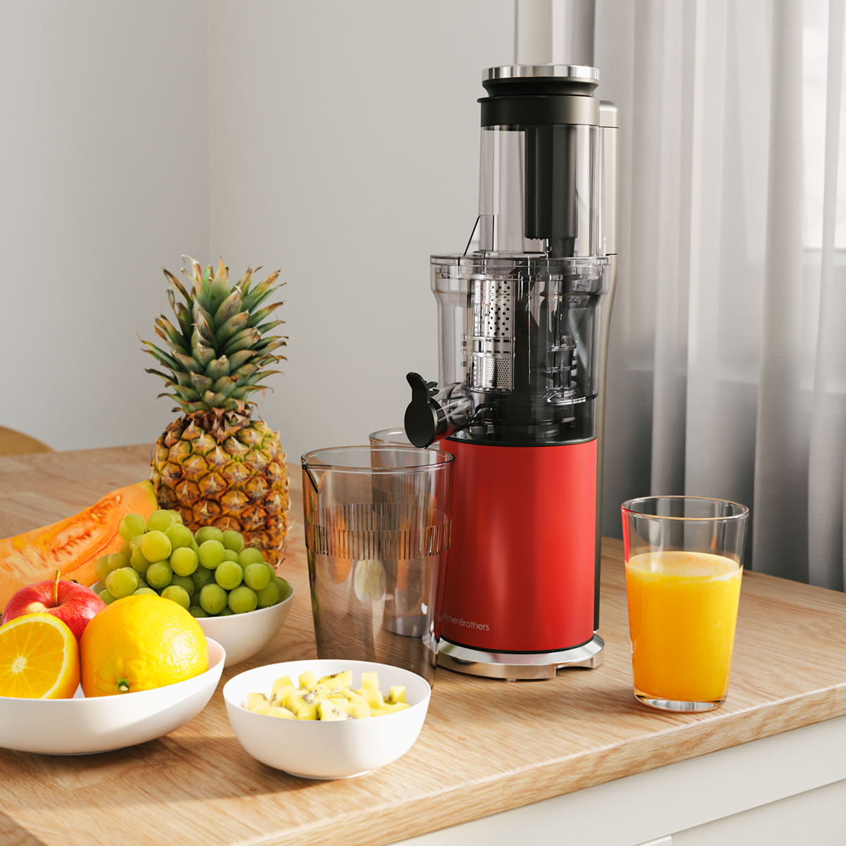 A red juicer with fruits on a wooden table. There is a glass of juice and two beakers.