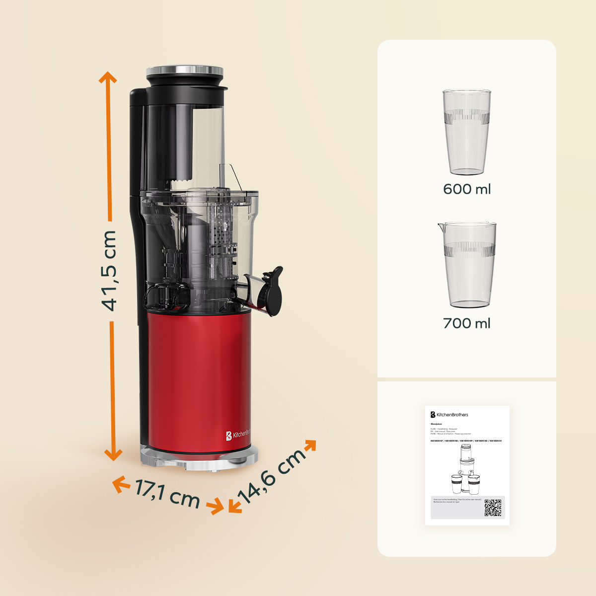 Red and silver juicer with dimensions displayed, two glasses, and a manual on a light brown background.