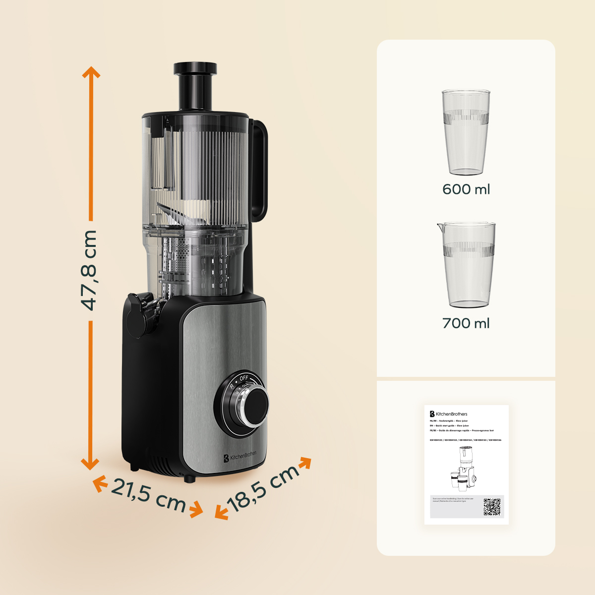 Un extracteur de jus avec des dimensions, des verres de mesure et un manuel.