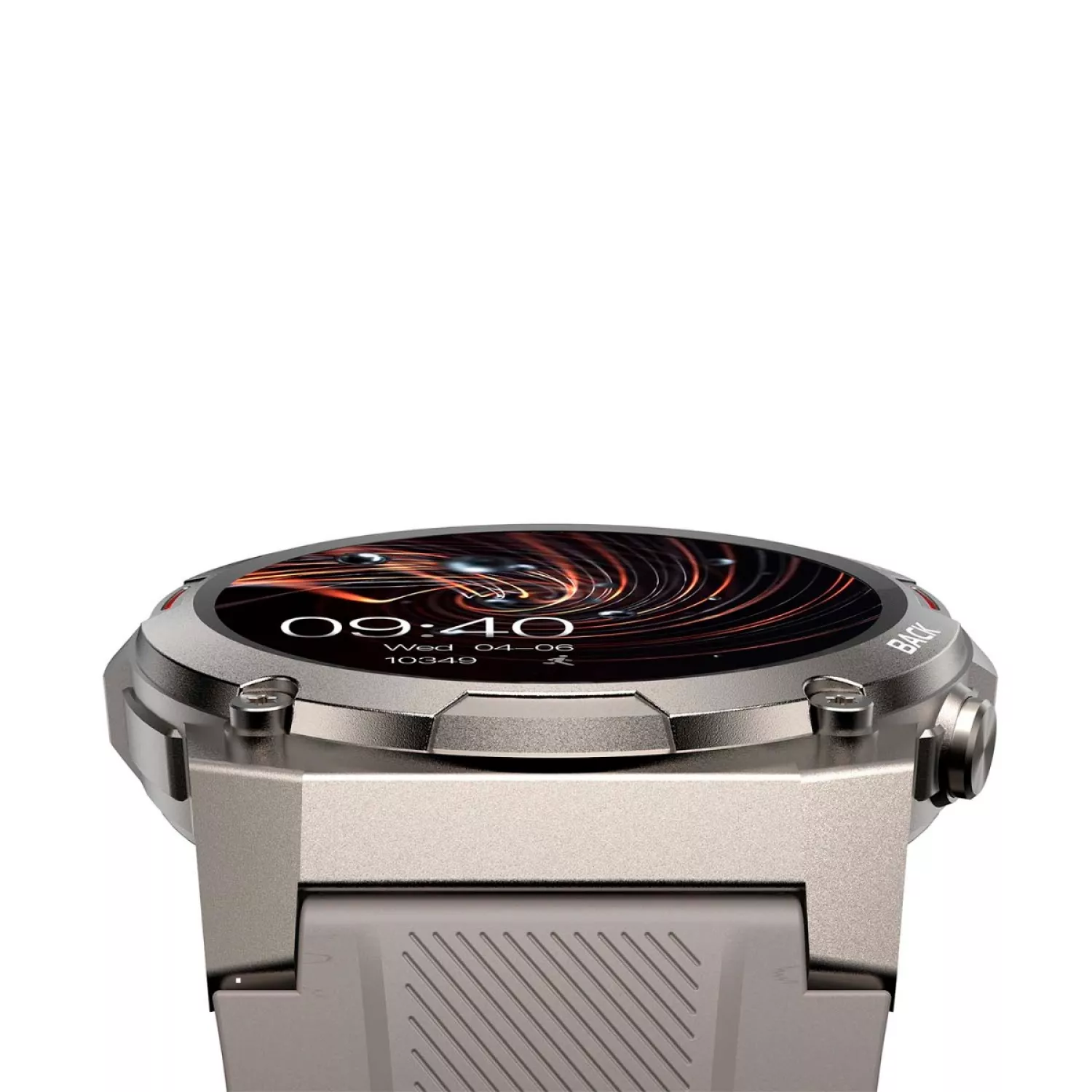 Close-up van een smartwatch met een zilveren behuizing en een grijze band, met een kleurrijk abstract ontwerp.