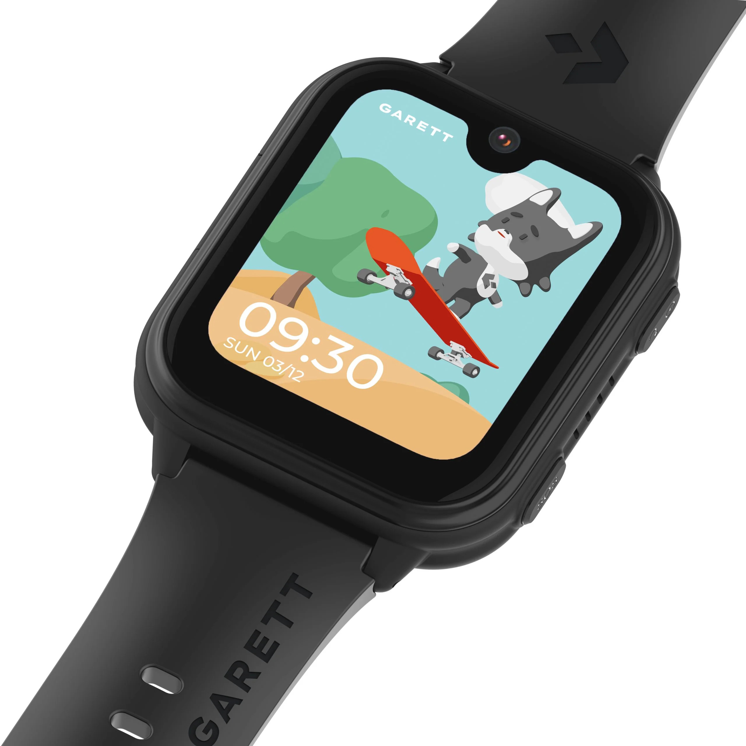 Primo piano di uno smartwatch nero con una grafica a cartoni animati sullo schermo. L'orologio ha un cinturino nero.