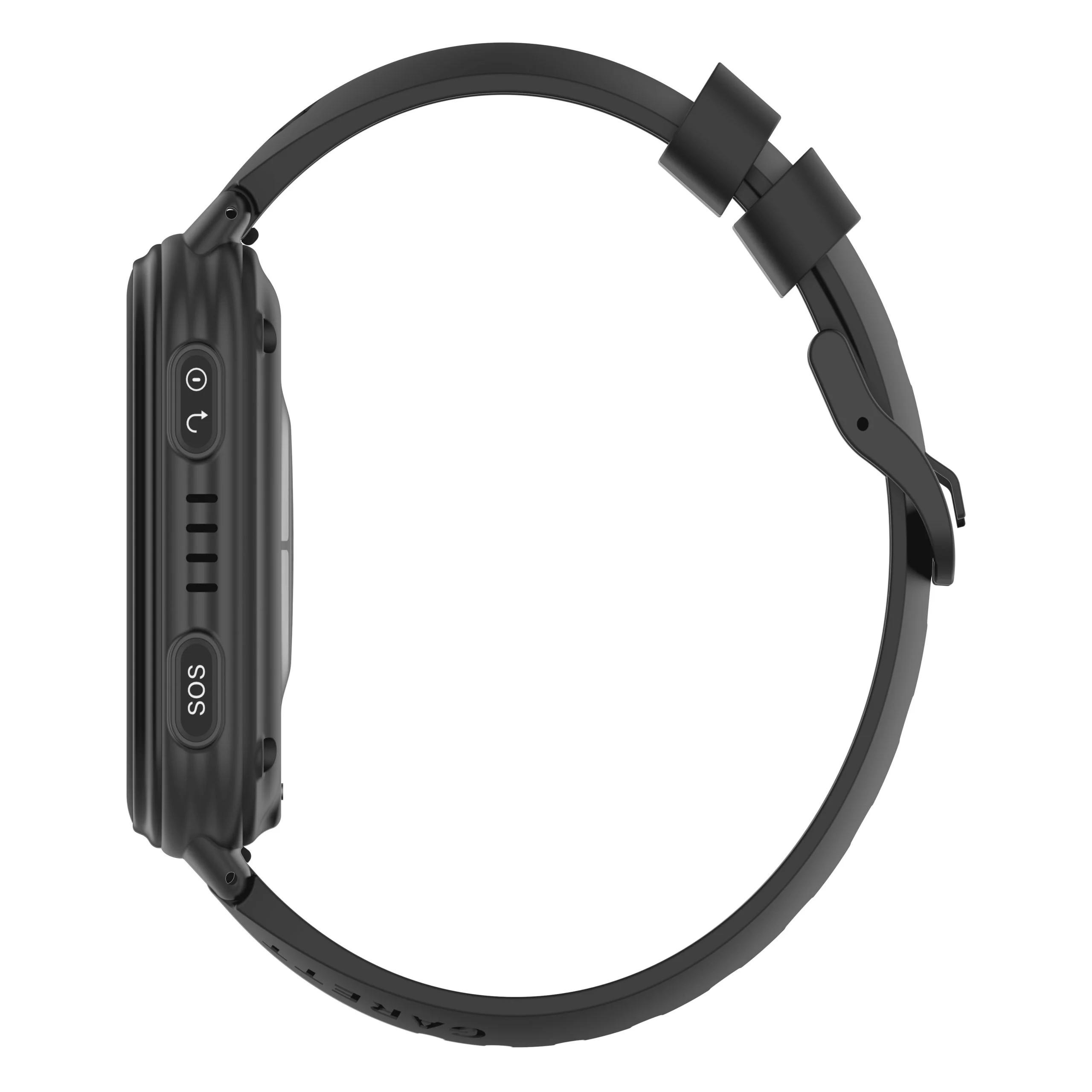 Vista laterale di uno smartwatch nero con cinturino nero. L'orologio ha pulsanti e un'etichetta SOS.