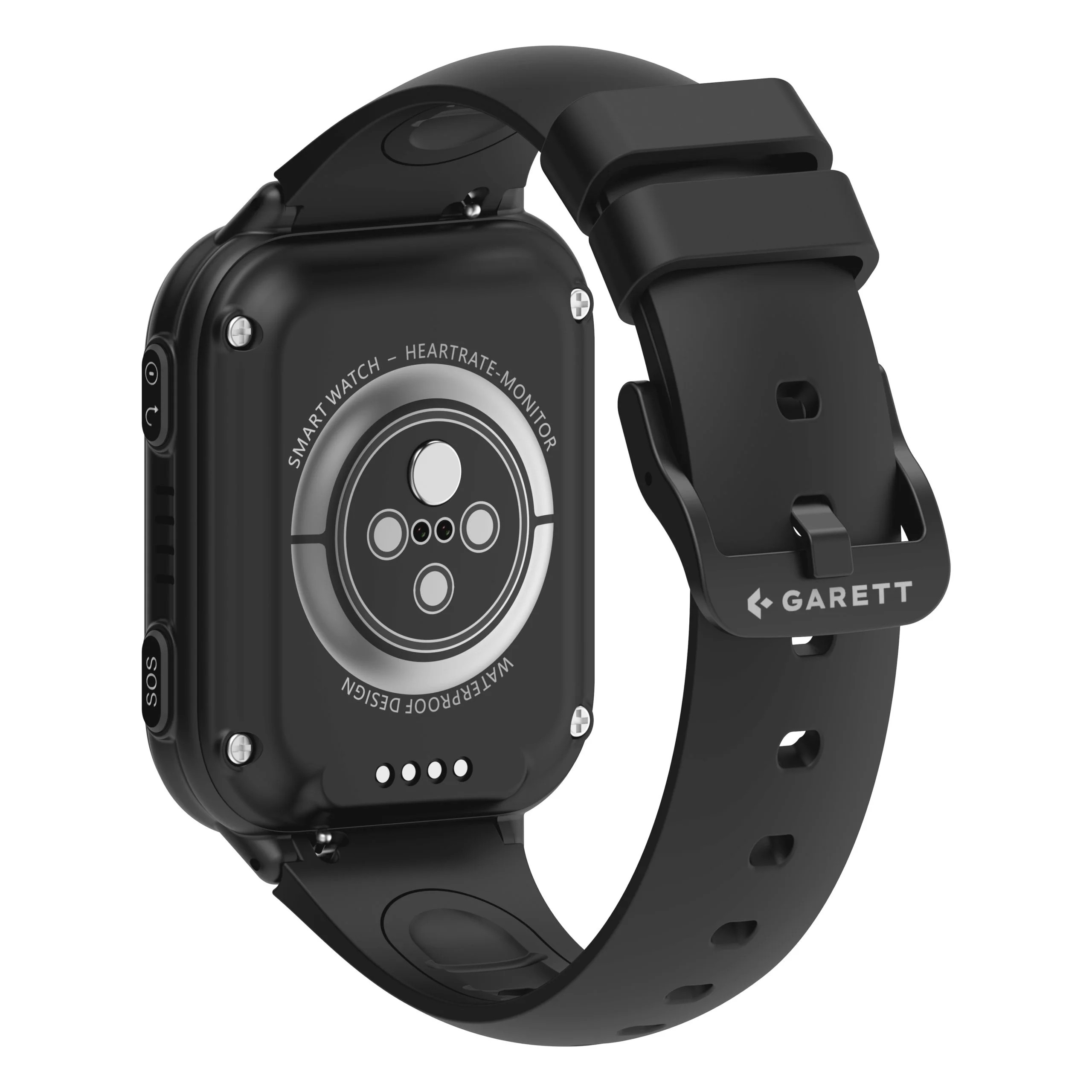 Retro dell'orologio intelligente nero. Include cardiofrequenzimetro, design impermeabile e cinturino nero con 'GARETT' sulla fibbia.