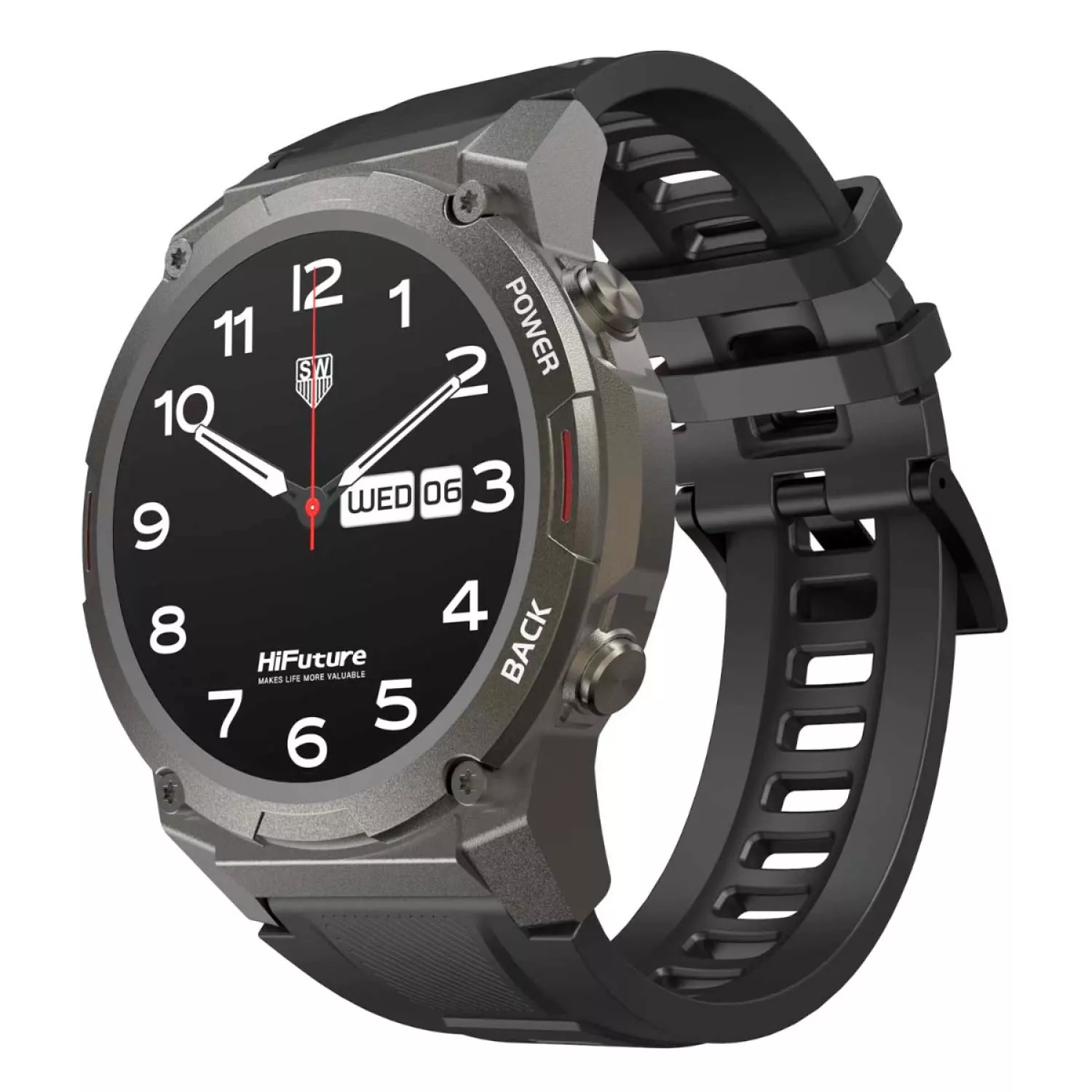 A smartwatch with a black face. It displays the time, date, and other information.