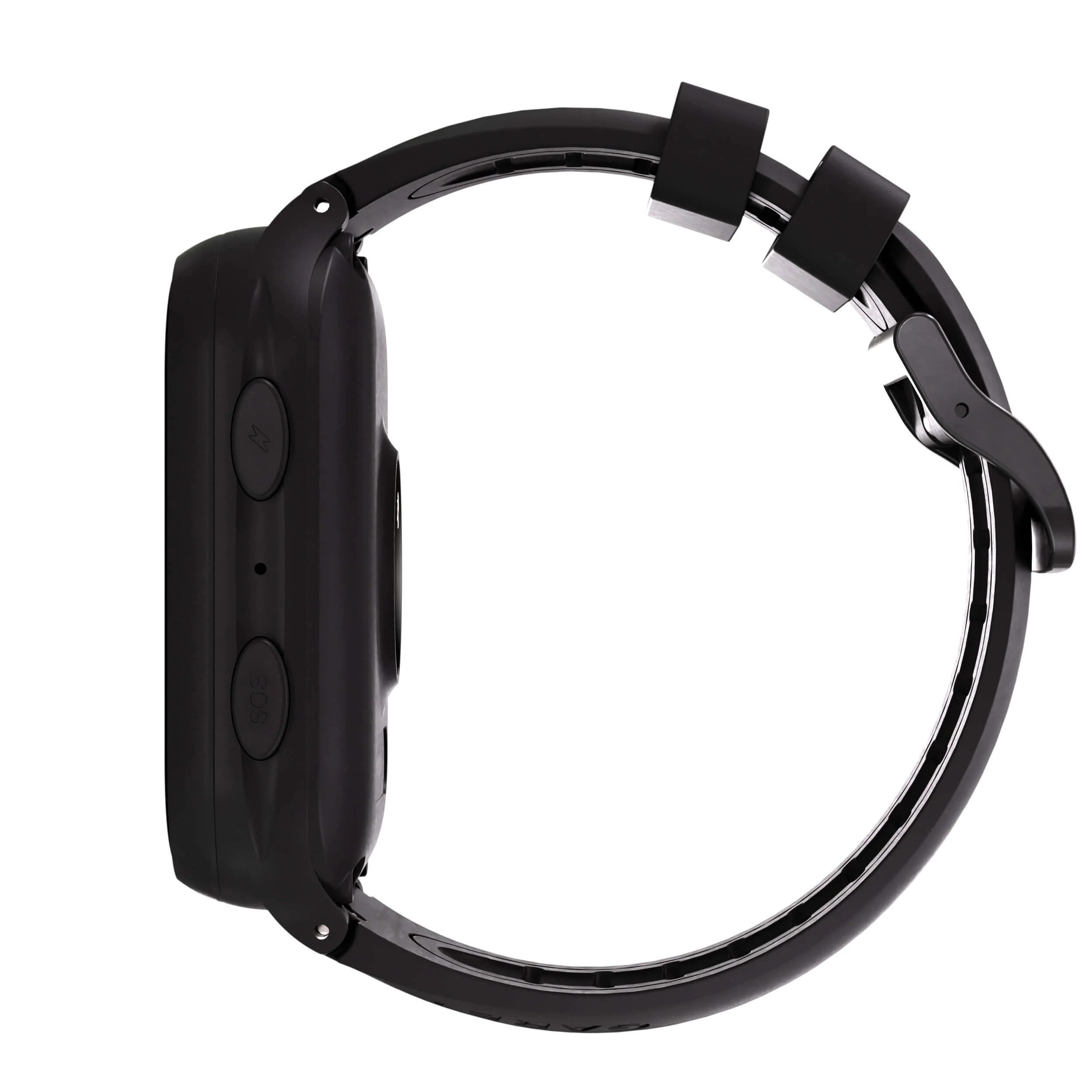 Uno smartwatch nero è mostrato di lato. Ha un cinturino nero e sono visibili i pulsanti.