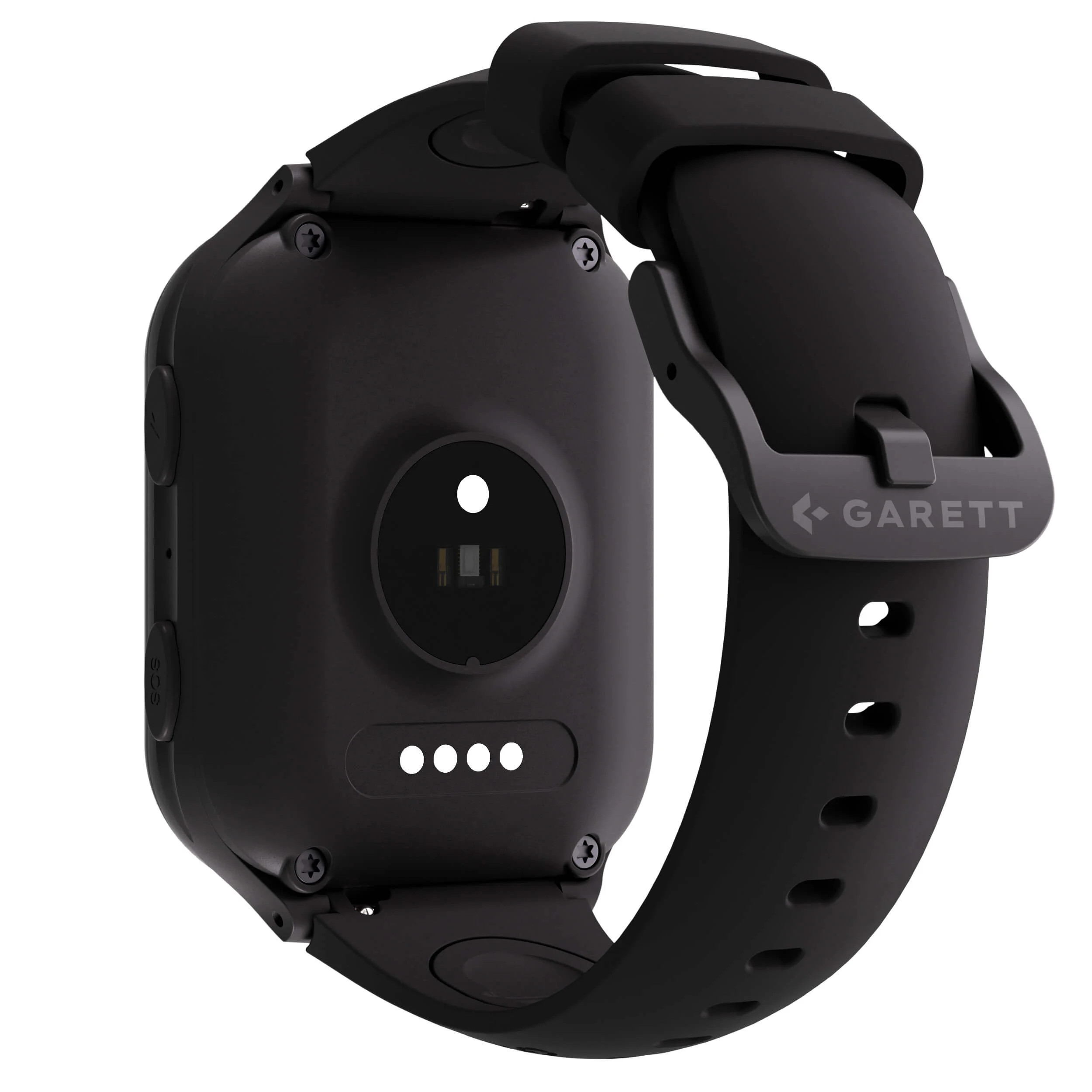 Il retro di uno smartwatch nero è mostrato. Ha un cinturino nero e pulsanti laterali.